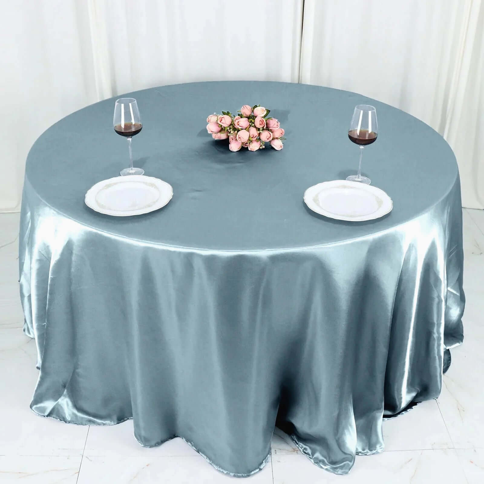 Satin 132" Round Tablecloth Dusty Blue - Stylish Seamless Table Cover