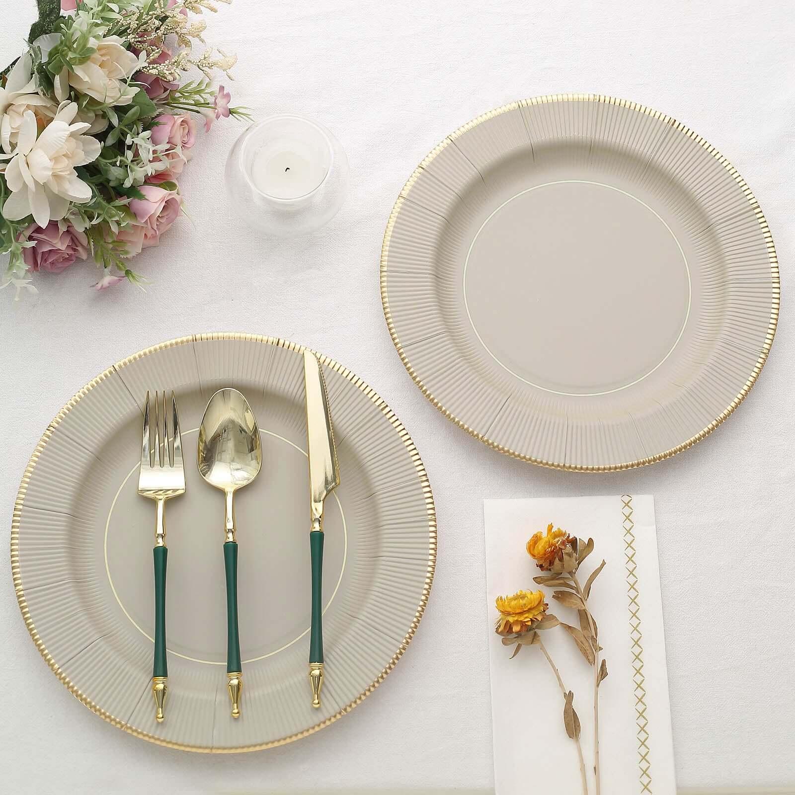 25-Pack Paper 10" Round Dinner Plates in Taupe Sunray Design with Gold Rim - Disposable Heavy Duty 350GSM Party Plates