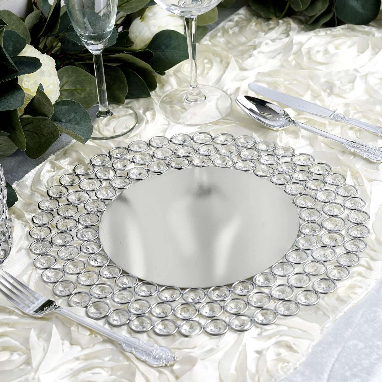 Wired Metal Round Charger Plate 14" in SIlver with Acrylic Crystal Beads, Glamorous Decorative Dinner Charger Tableware