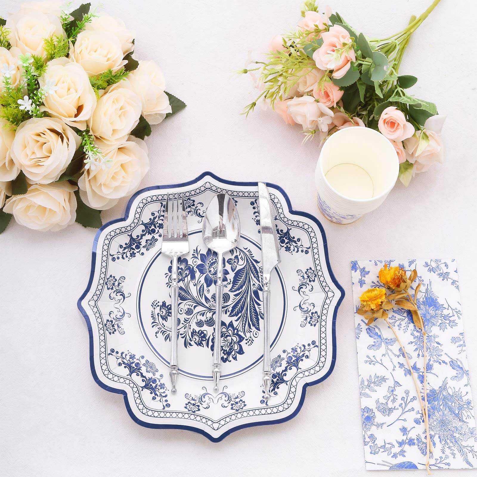 25-Pack Paper Dinner Plates in White Light Blue Damask Floral Print & Scallop Rim - Stylish Disposable 300GSM Floral Party Plates 10"