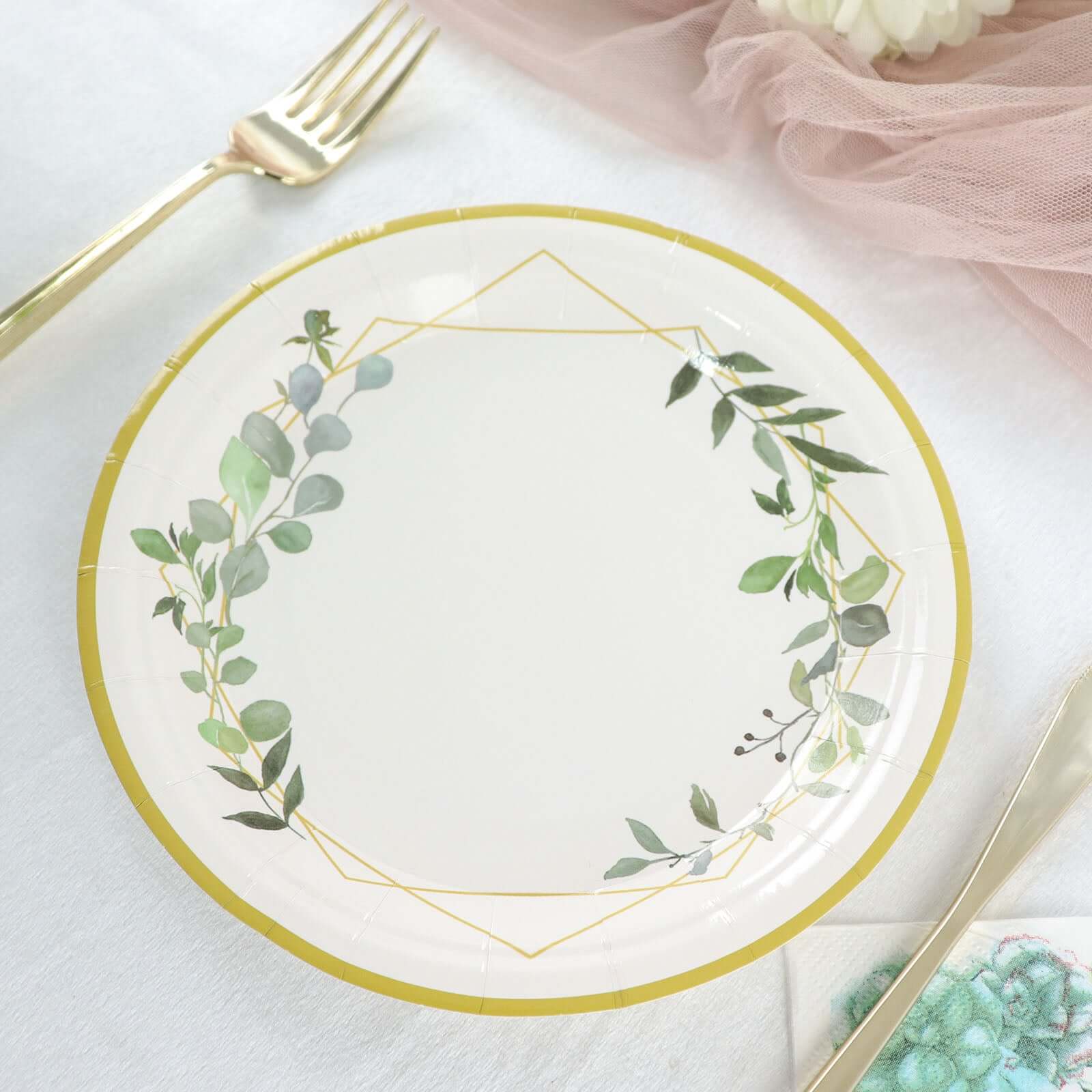 24-Pack Paper 7" Round Dessert Plates in White with Eucalyptus Leaves & Gold Rim - Disposable 300GSM Salad Plates for Garden Weddings & Celebrations