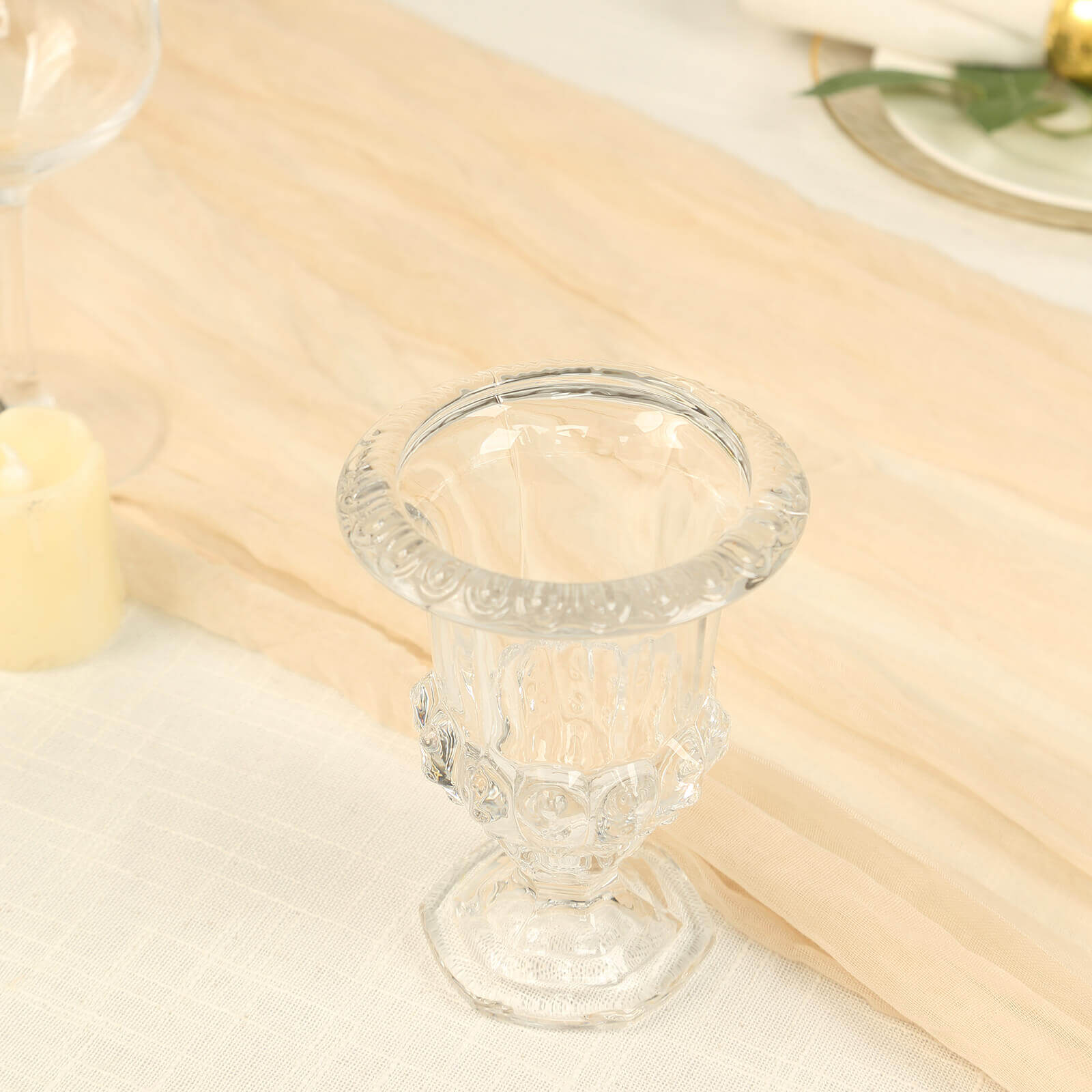 2-Pack Glass Mini Pedestal Flower Vases in Classic Roman Urn Style Clear - Sophisticated Wedding Table Centerpieces 8"