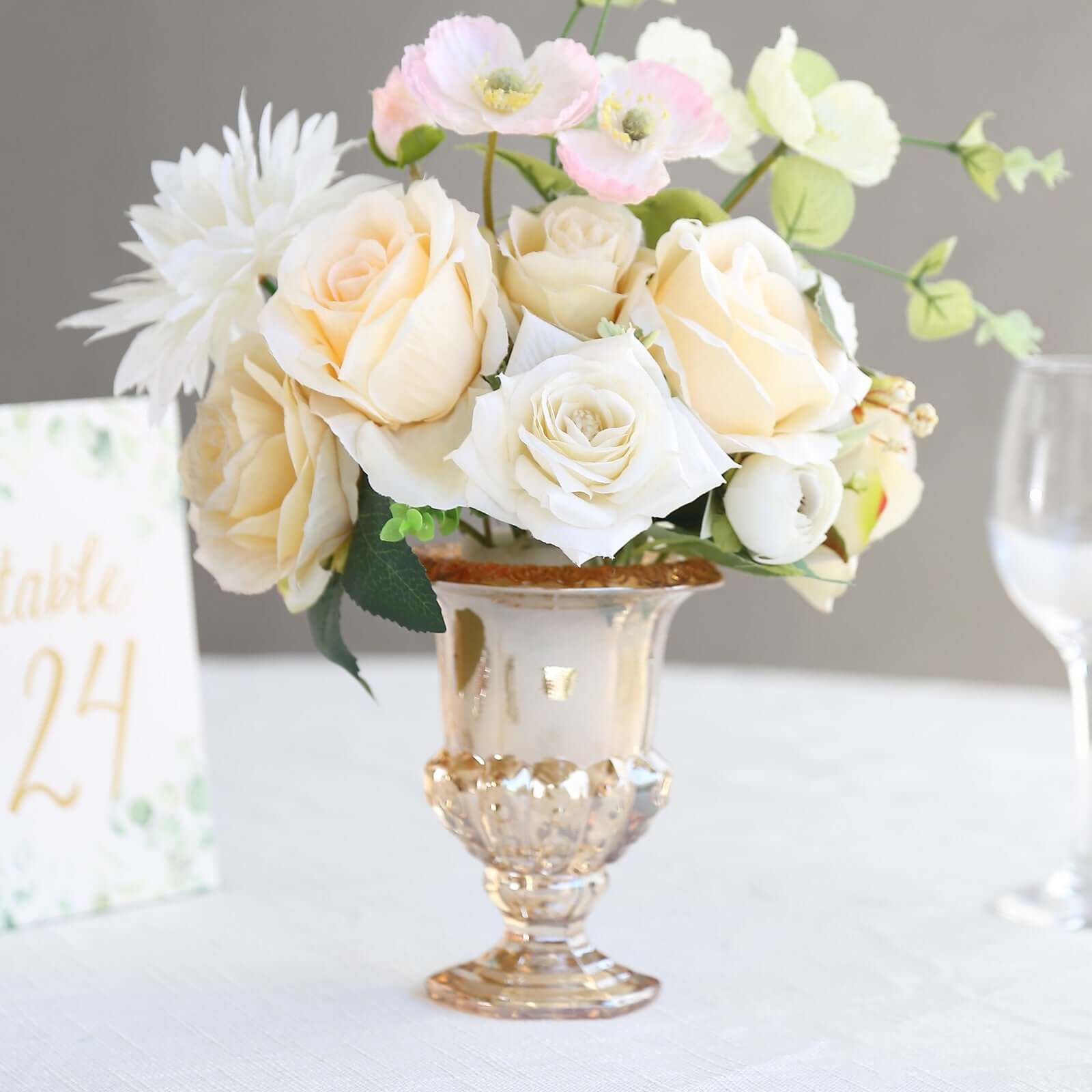 2-Pack Glass Mini Pedestal Flower Vases in Classic Roman Urn Style Amber Gold - Sophisticated Wedding Table Centerpieces 6"