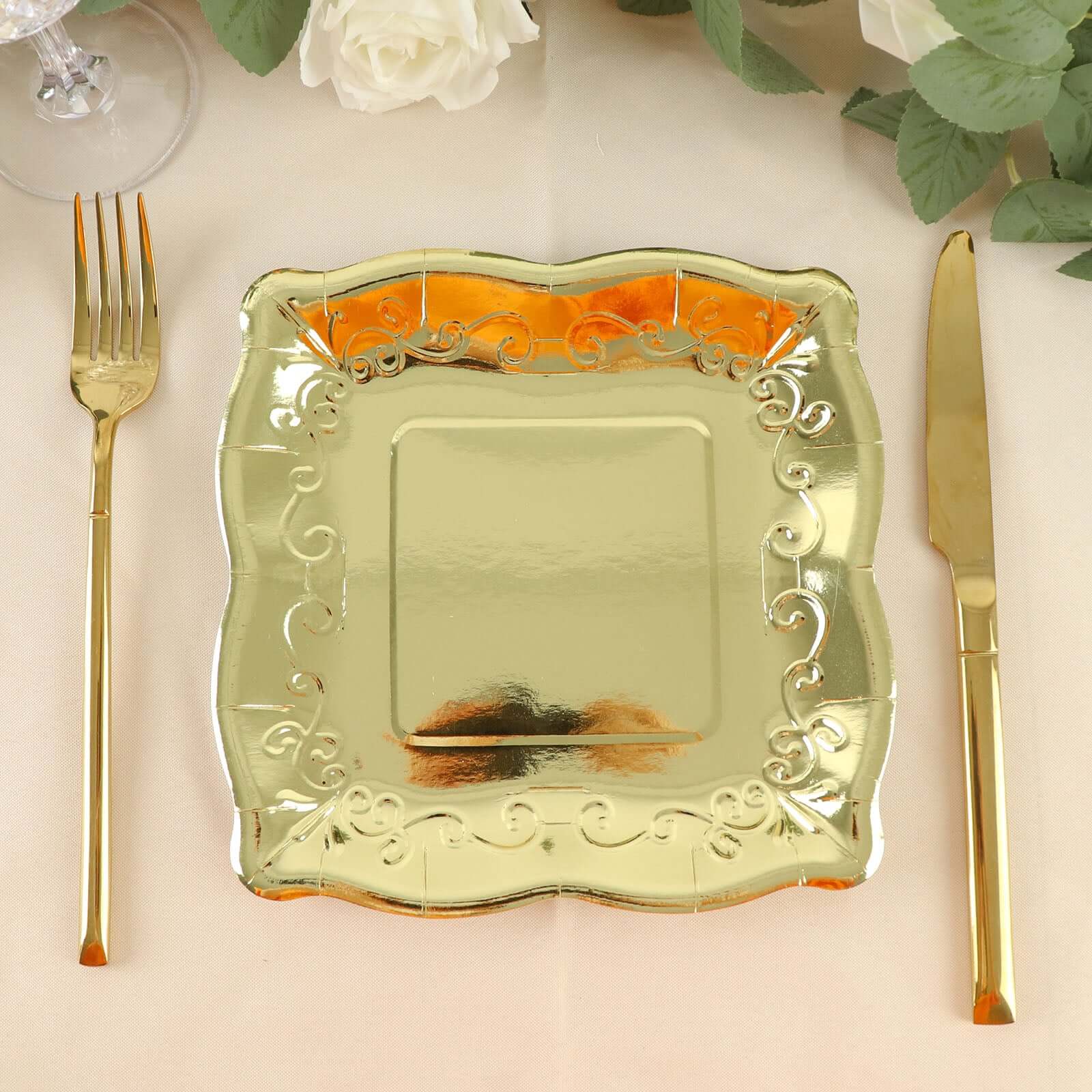 25-Pack Paper 7" Square Dessert Plates in Gold with Vintage Pottery Embossed Design - Shiny Metallic Disposable Appetizer Plates for Luxe Gatherings & Celebrations
