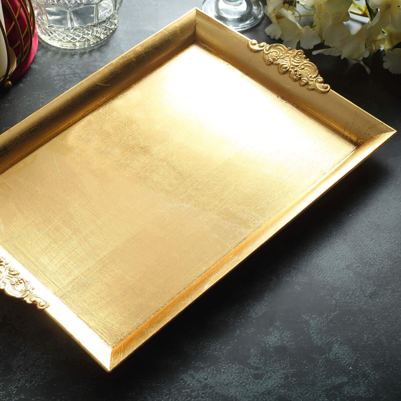 2-Pack Acrylic Rectangle Serving Trays 14"x10" in Gold with Embossed Handles, Sleek Decorative Dinner Party Food Platters