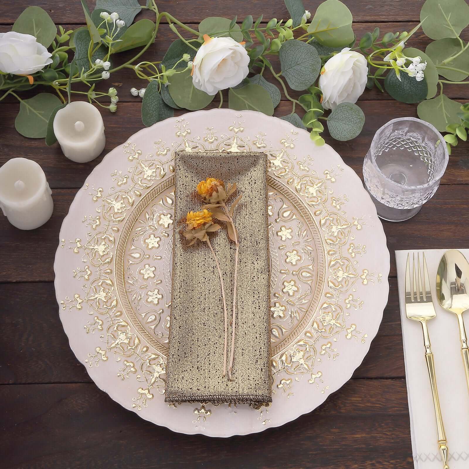 5 Pack Polyester 20"x20" Napkins Antique Gold Shimmer Sequin Dots - Luminous Cloth Napkins