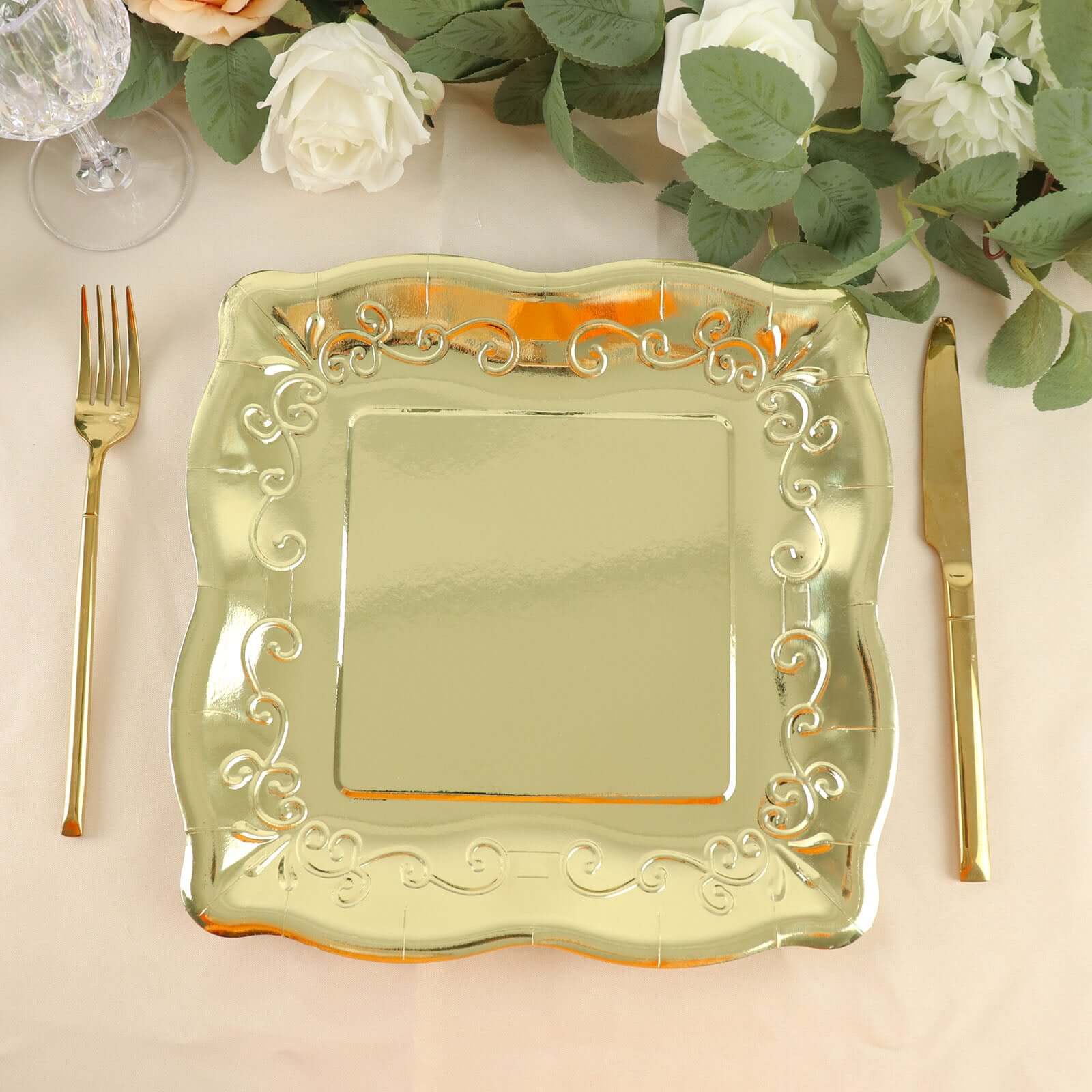 25-Pack Paper 11" Square Dinner Plates in Gold with Vintage Pottery Embossed Design - Shiny Metallic Disposable Serving Plates for Glamorous Dinners & Events