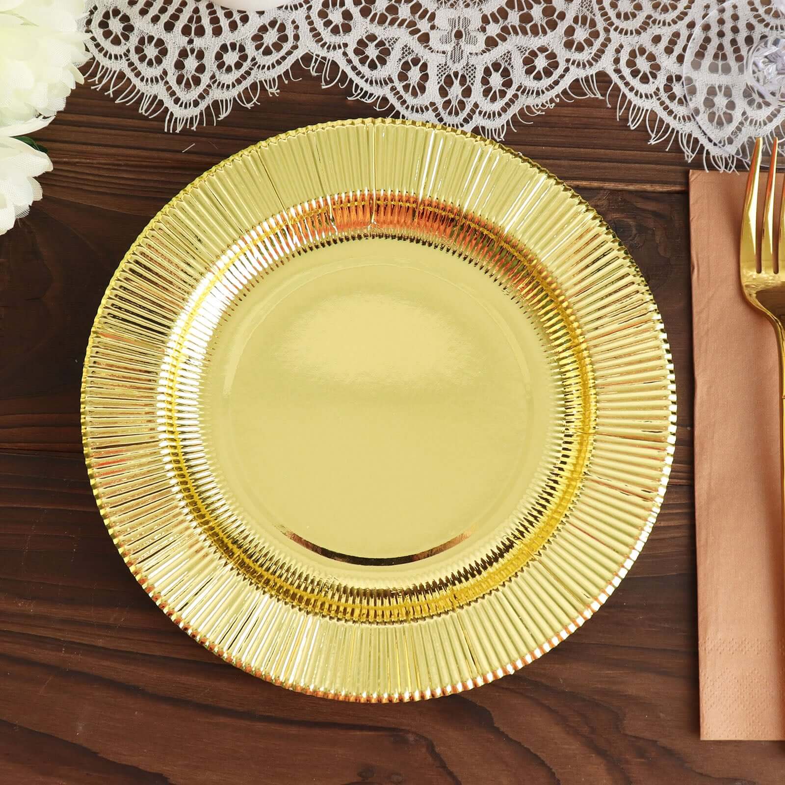 25-Pack Paper 8" Round Dessert Plates in Metallic Gold Sunray Design - Disposable Heavy Duty 350GSM Appetizer Salad Plates