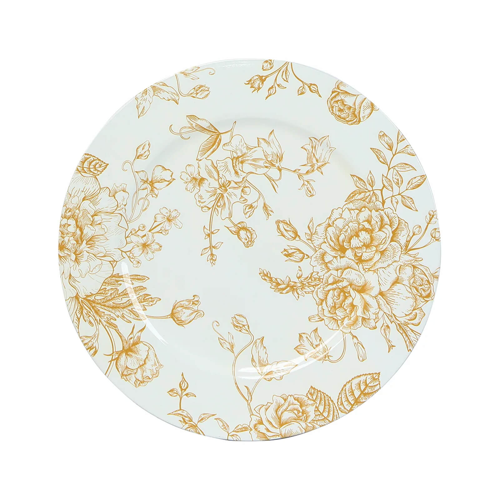6-Pack Acrylic Round Charger Plates 13" in White with Gold Floral French Toile Pattern, Decorative Dinner Party Charger Tableware