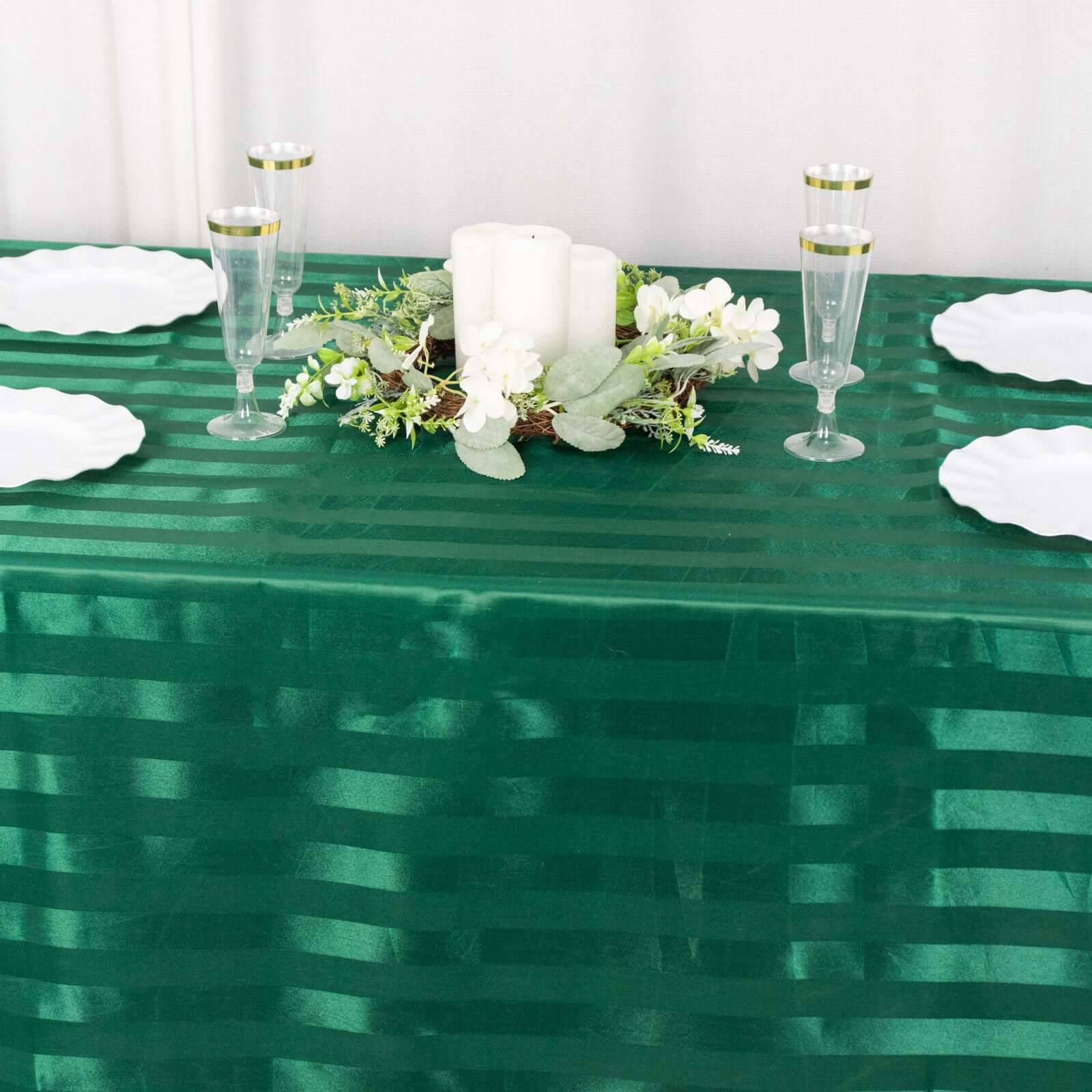 Satin Striped 90"x132" Rectangular Tablecloth Hunter Emerald Green Satin Stripe - Seamless Silky Smooth Table Cover