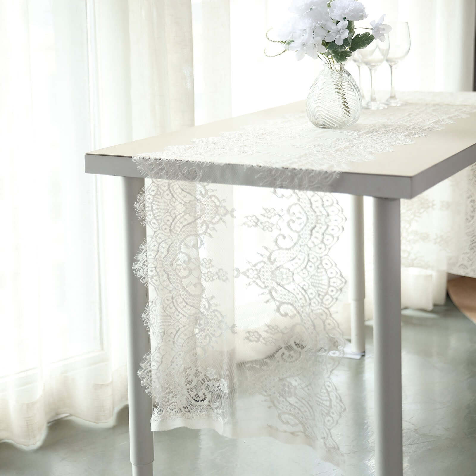 Premium Lace Fabric 15"x117" Table Runner Ivory - Scalloped Lace Elegance