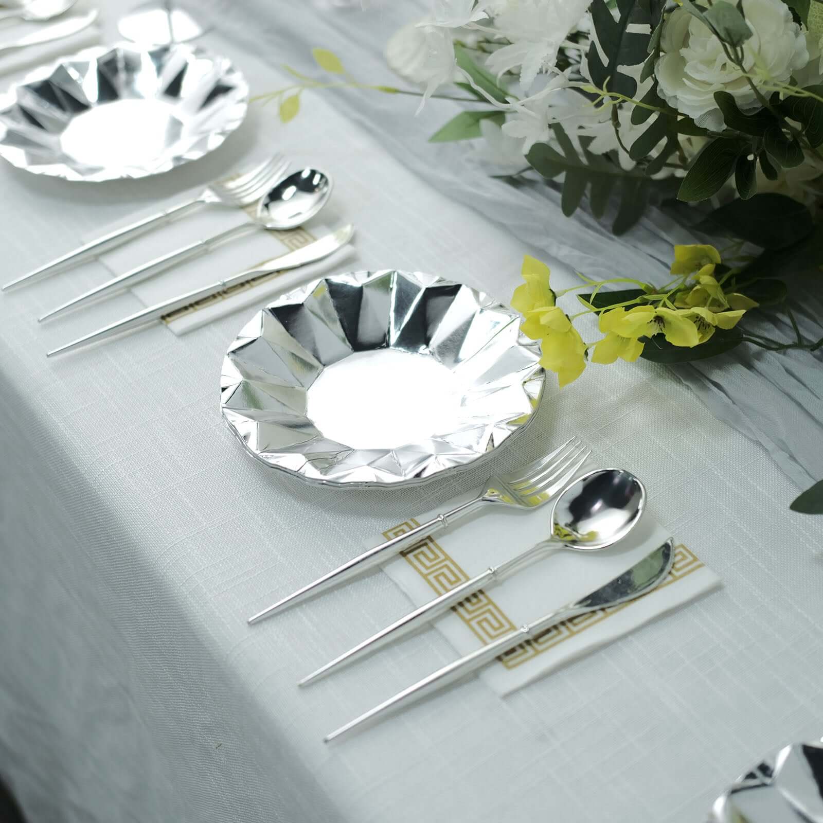 25-Pack Paper 7" Round Dessert Plates in Metallic Silver with Geometric Prism Rim - Disposable 400GSM Appetizer Salad Plates