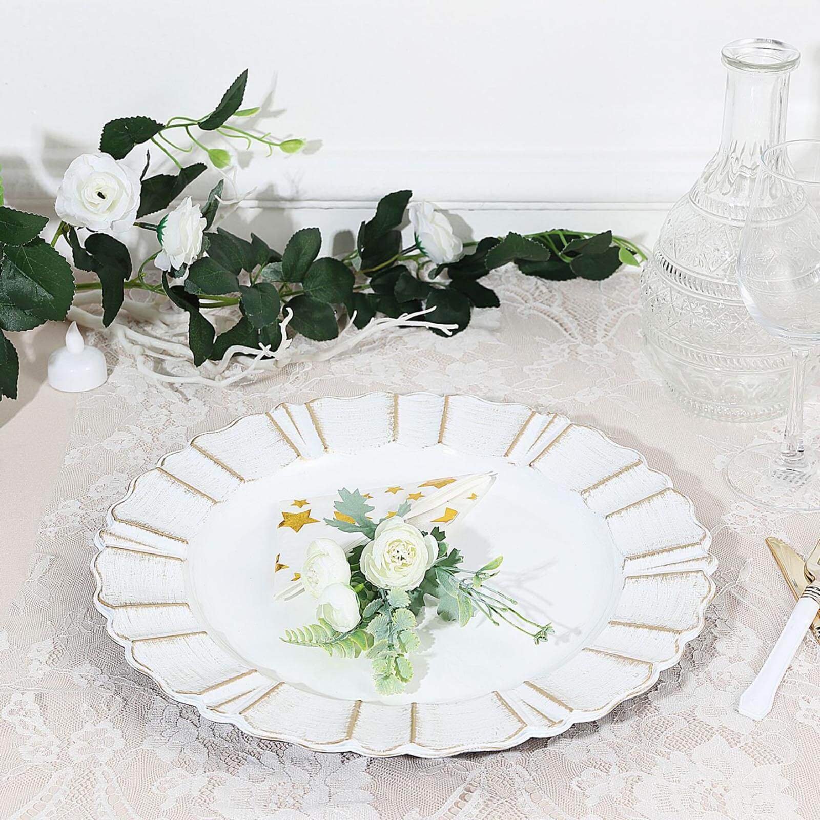 6-Pack Acrylic Plastic Round Charger Plates 13" in White with Gold Brushed Wavy Scalloped Rim, Decorative Dinner Party Charger Tableware