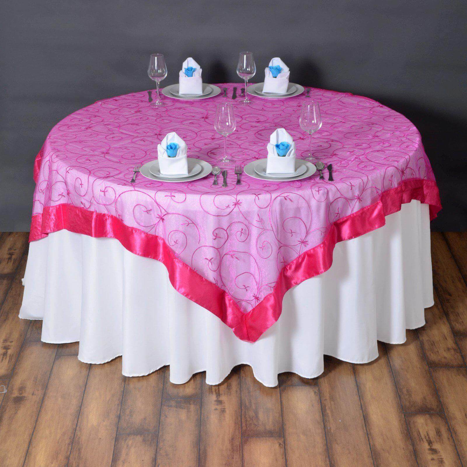 72"x72" Fuchsia Embroidered Sheer Organza Square Table Overlay With Satin Edge