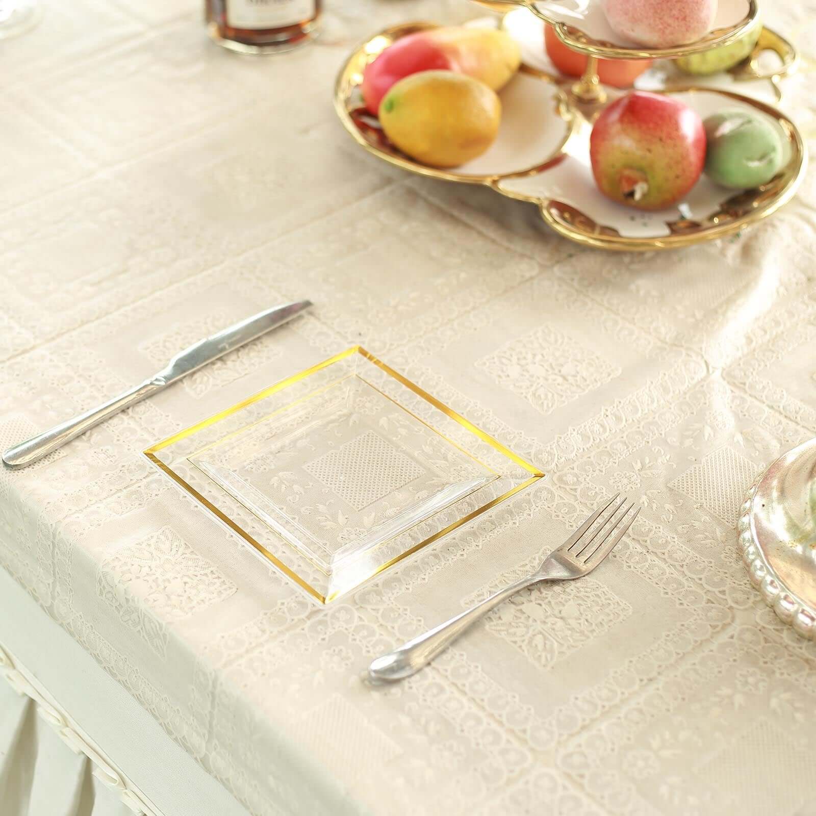 10-Pack Plastic Salad Dessert Plates Clear Square with Gold Trim - Durable Disposable Appetizer Plates 7"