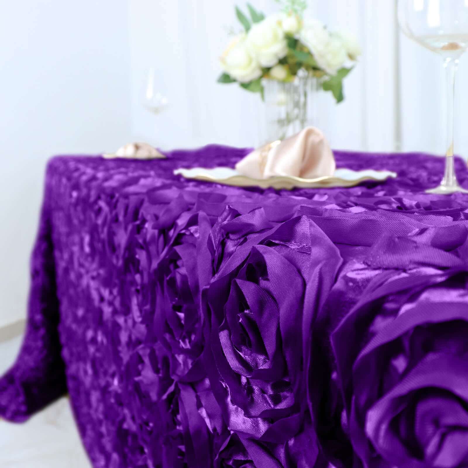 Satin 90"x132" Rectangle Tablecloth Purple - Grandiose 3D Rosette Seamless Table Cover