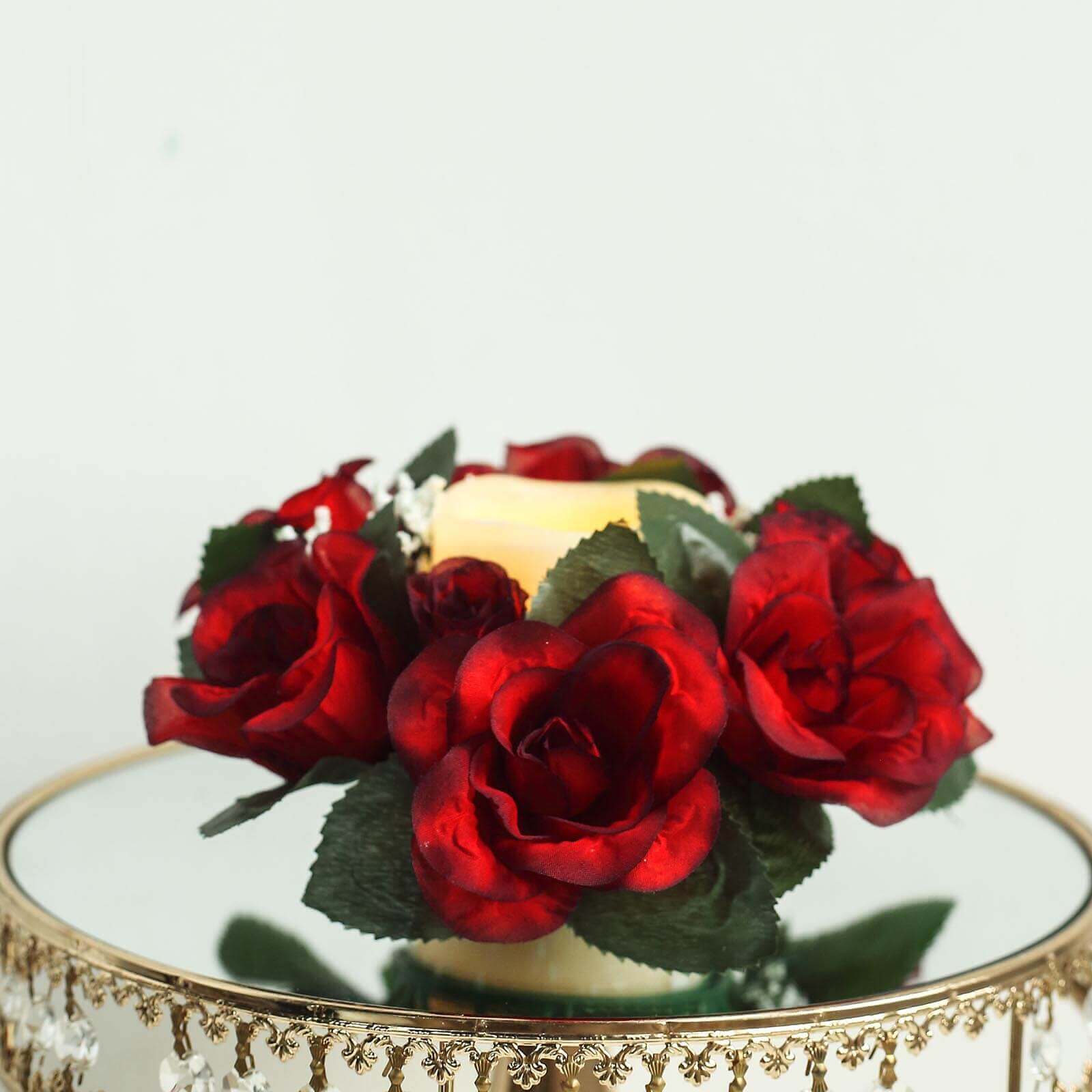 4 Pack 3" Black Red Artificial Silk Rose Flower Candle Ring Wreaths