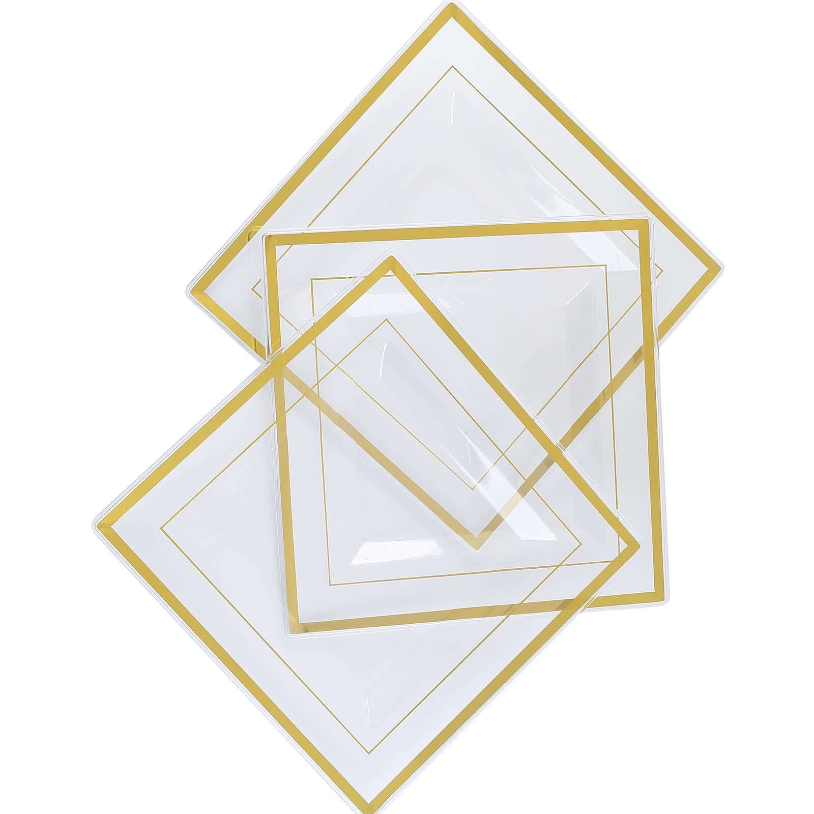 10 Pack 10" Gold Trim Clear Square Disposable Dinner Plates, Plastic Party Plates