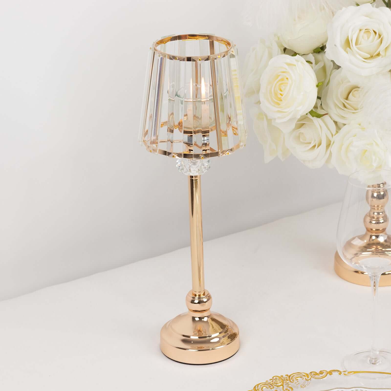 2-Pack 15" Crystal Pendant Candle Holders - Classic Empire Lamp Shade Style in Gold, Votive Candle Stand For Table Centerpieces