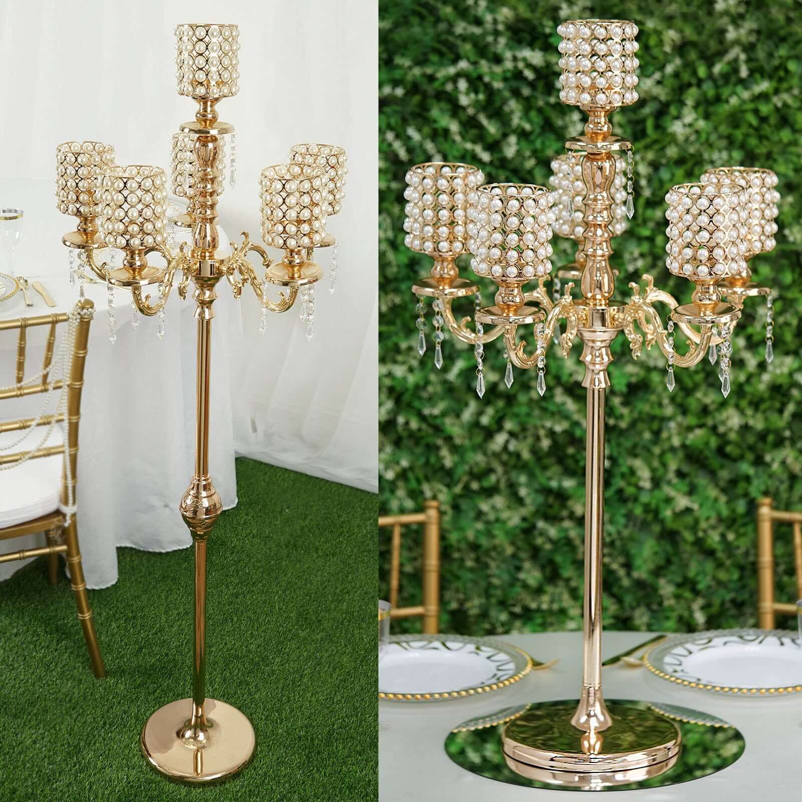 Metal Pearl Beaded Candelabra in Gold 6-Arm - Stylish Table Centerpiece with Crystal Chandelier Pendants
