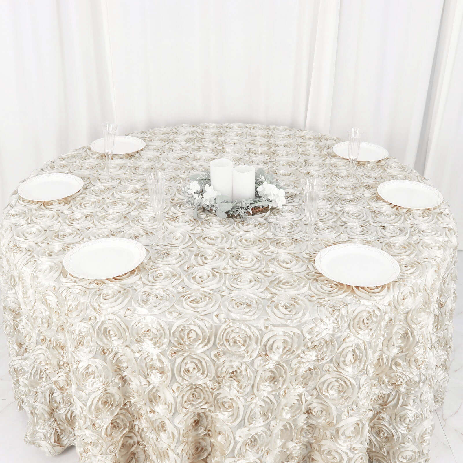 Satin 120" Round Tablecloth Ivory - Grandiose 3D Rosette with Seamless Finish Table Cover