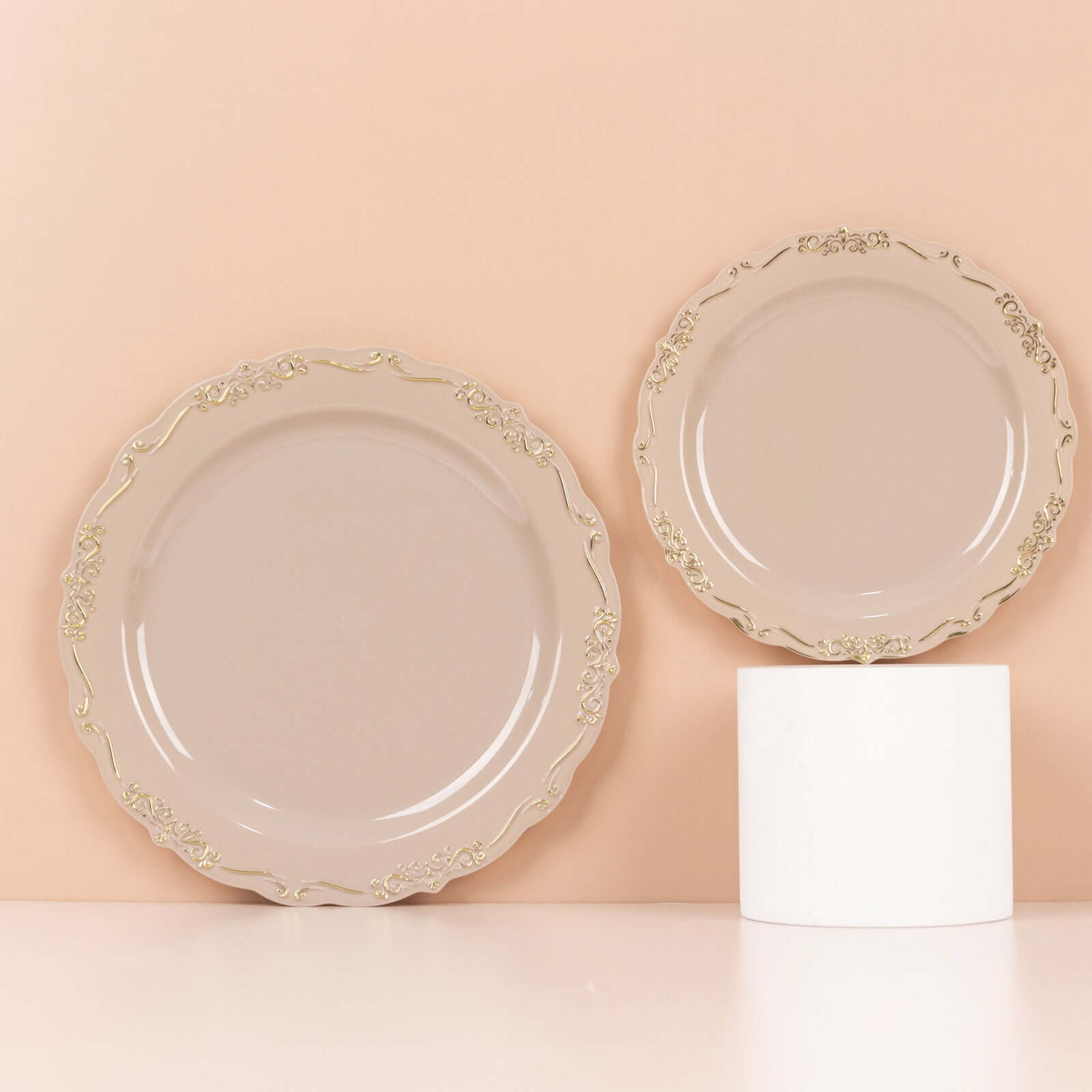 10-Pack Plastic 7" Round Dessert Plates in Taupe with Gold Vintage Embossed Rim - Sturdy Disposable Scalloped Edge Salad Plates