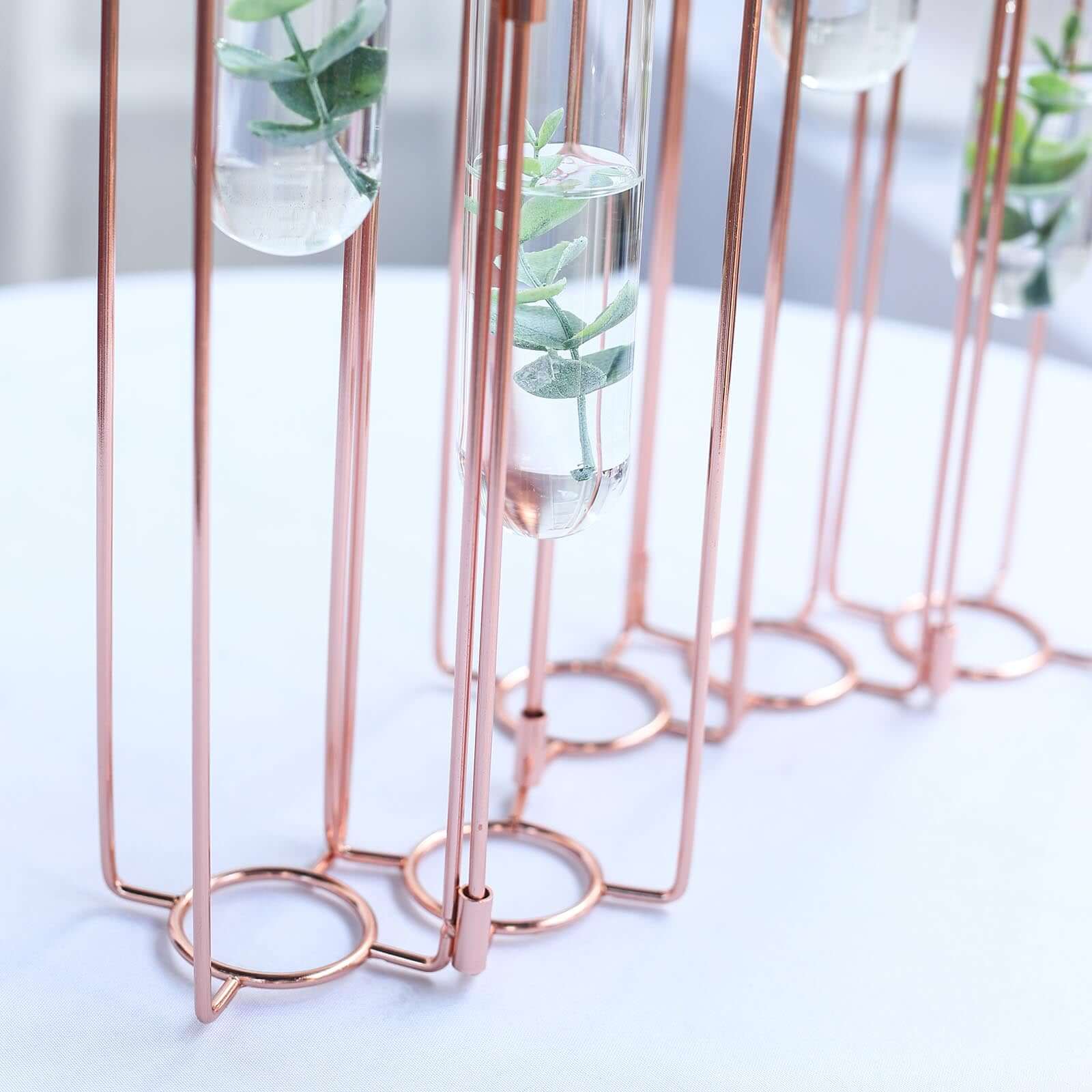 Set of 5 Wedding Centerpieces Rose Gold Frame Conjoined Geometric Design - Test Tube Hydroponic Vases 15"