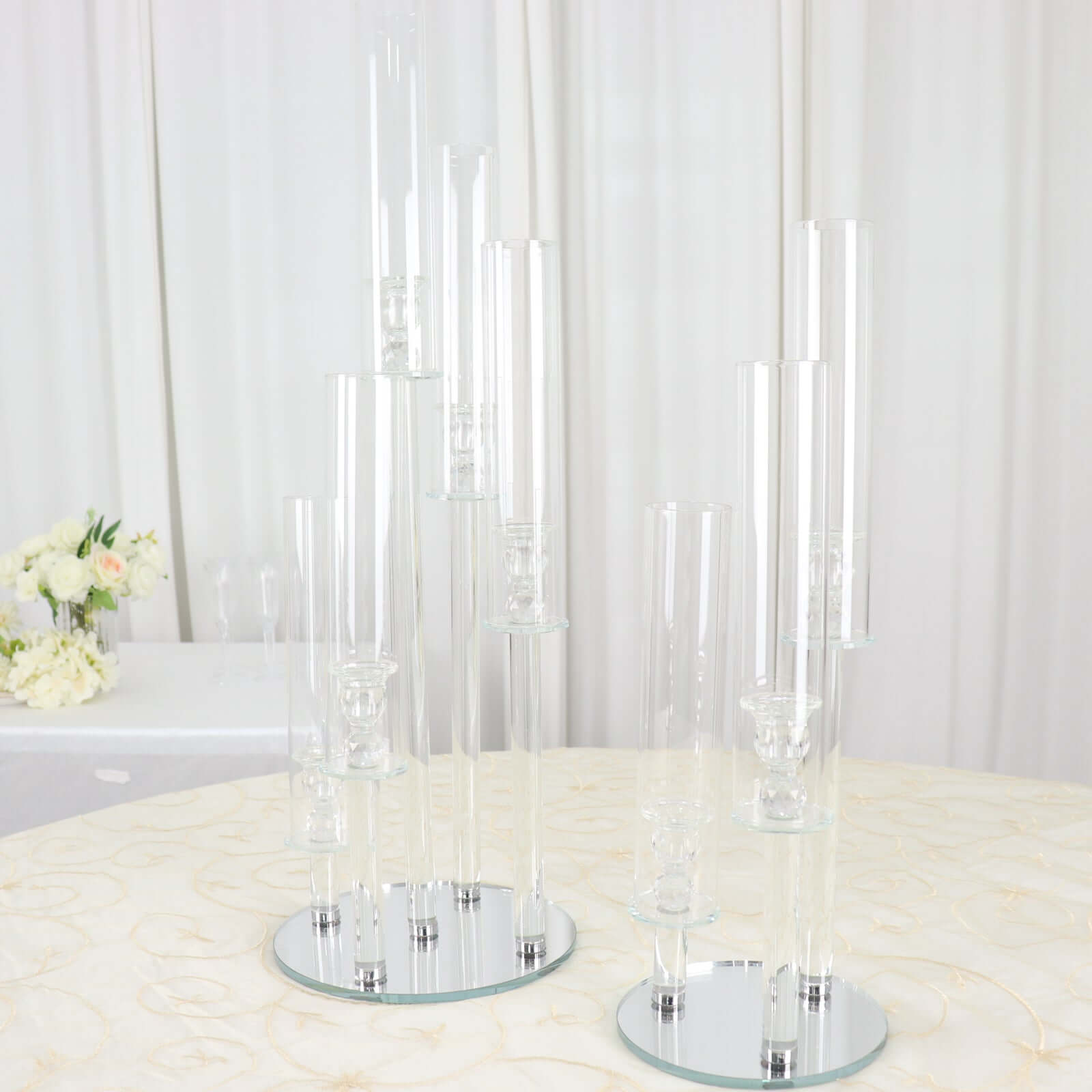 3-Arm Round Crystal Glass Candelabra Clear Taper Design - Sophisticated Pillar Candle Holder Table Centerpiece for Weddings 23"
