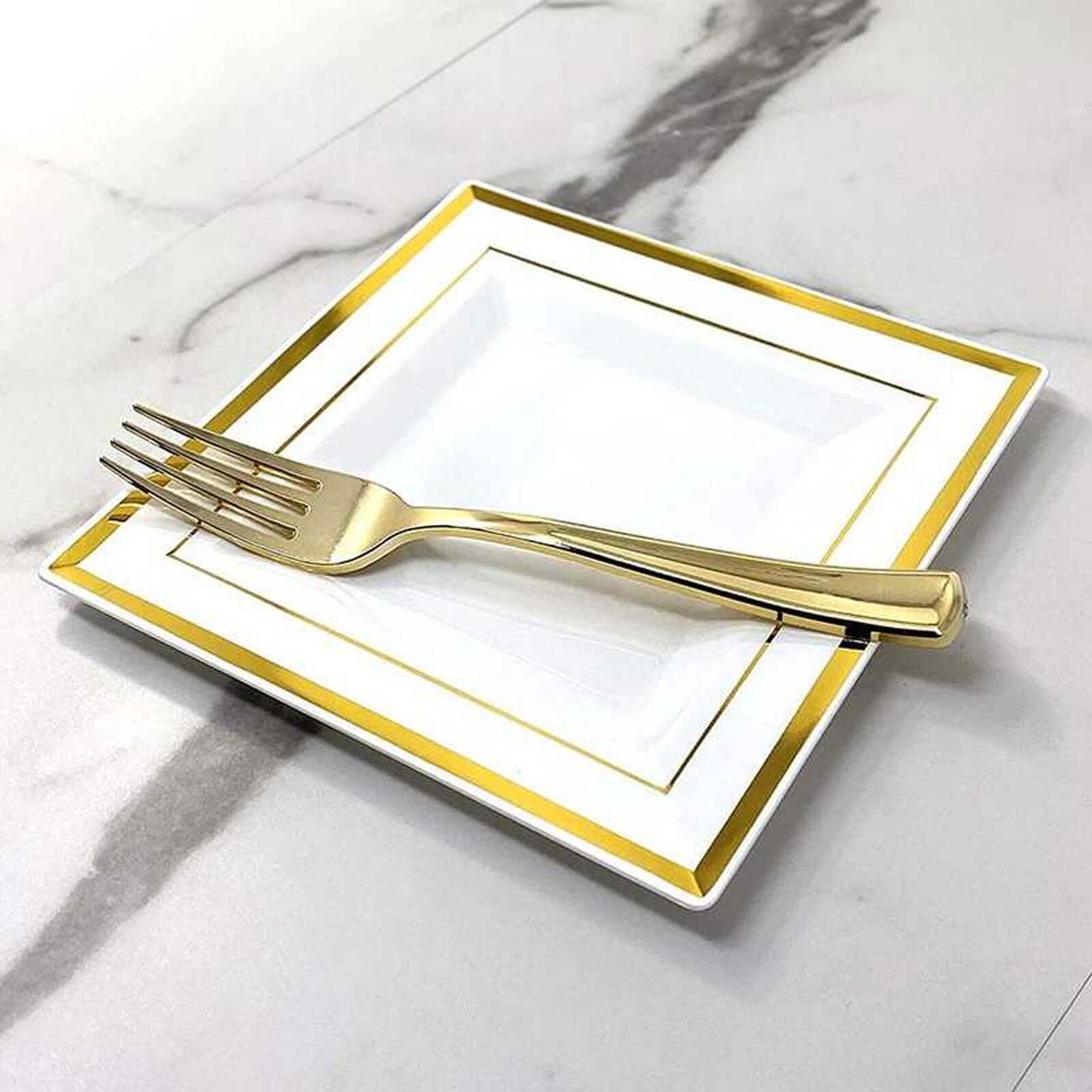 10-Pack Plastic Salad Dessert Plates White Square with Gold Trim - Durable Disposable Appetizer Plates 7"