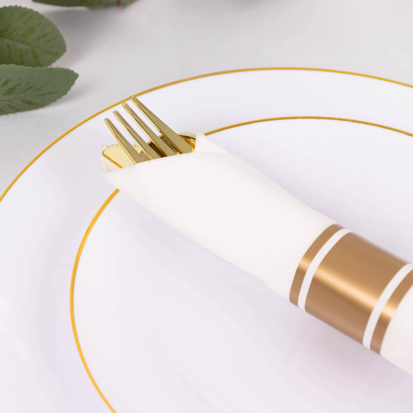 Set of 24 Gold Plastic Silverware with Pre-Rolled White Paper Napkins - Disposable Wrapped Fork, Spoon, and Knife Set