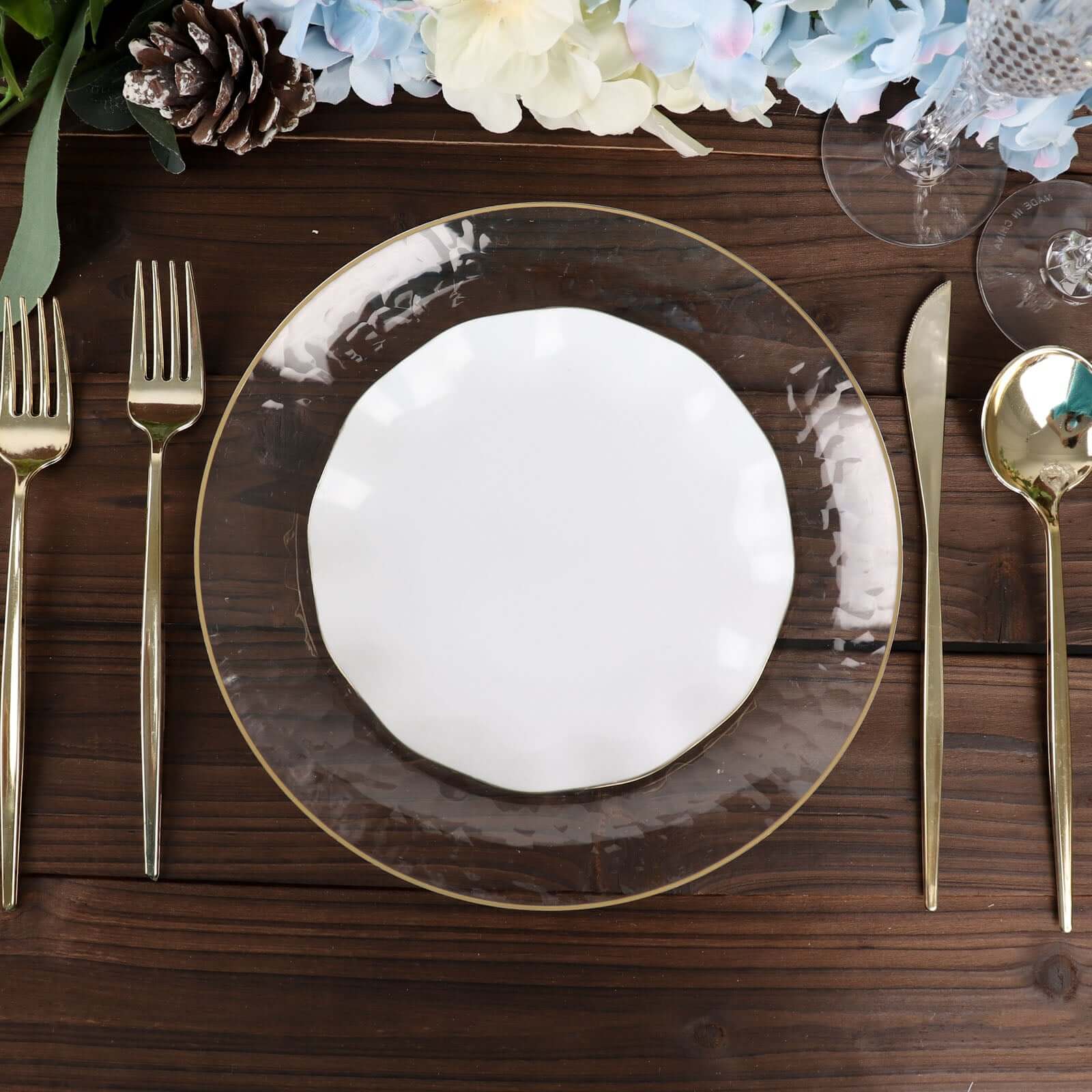 10-Pack Plastic Round 6" Dessert Plates in White Ruffled Rim with Gold Edging - Sturdy Disposable Salad Appetizer Dinnerware for Classy Events & Banquets