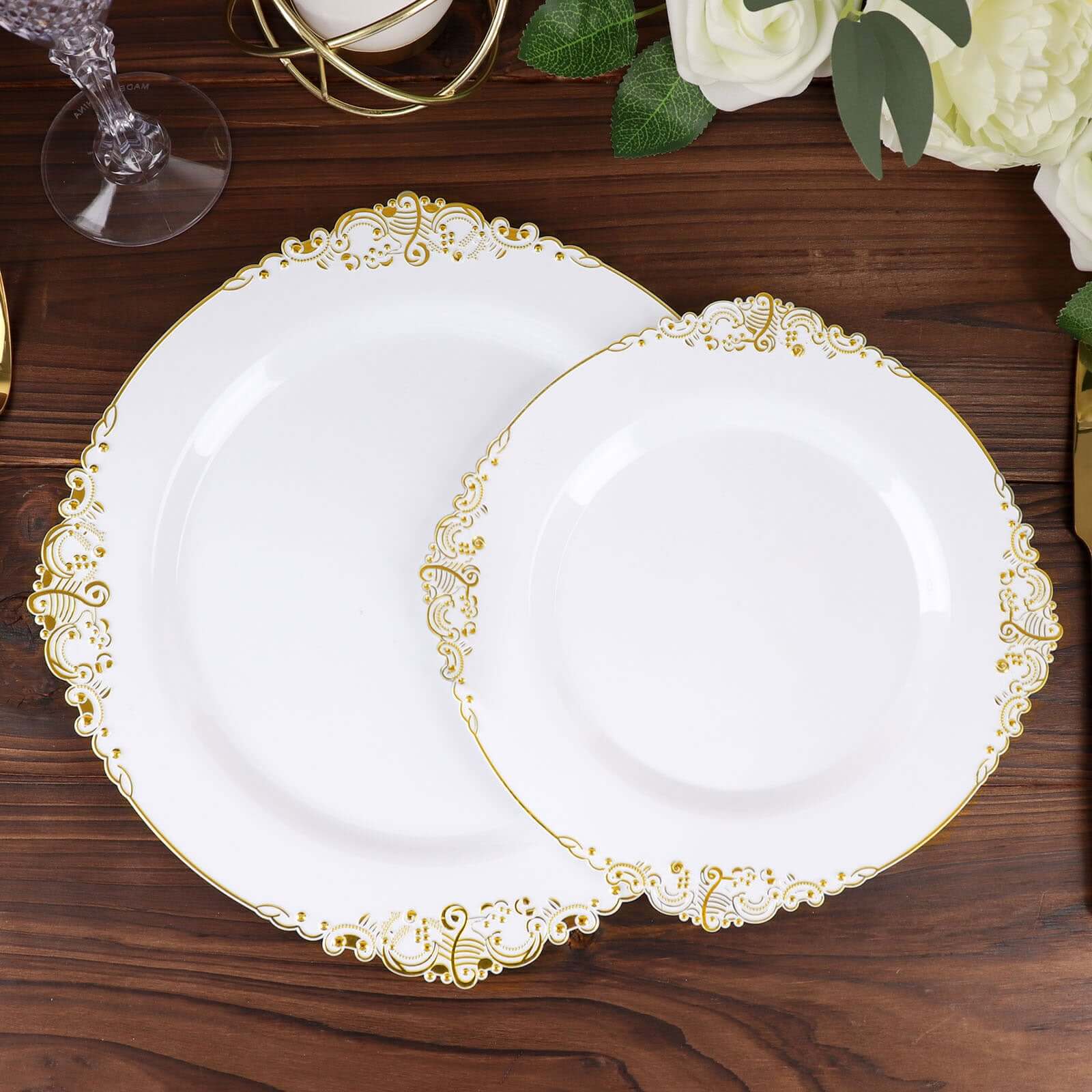 10-Pack Plastic 8" Round Dessert Plates in White with Gold Leaf Embossed Rim - Disposable Vintage Baroque Style Salad Plates for Luxurious Gatherings & Events