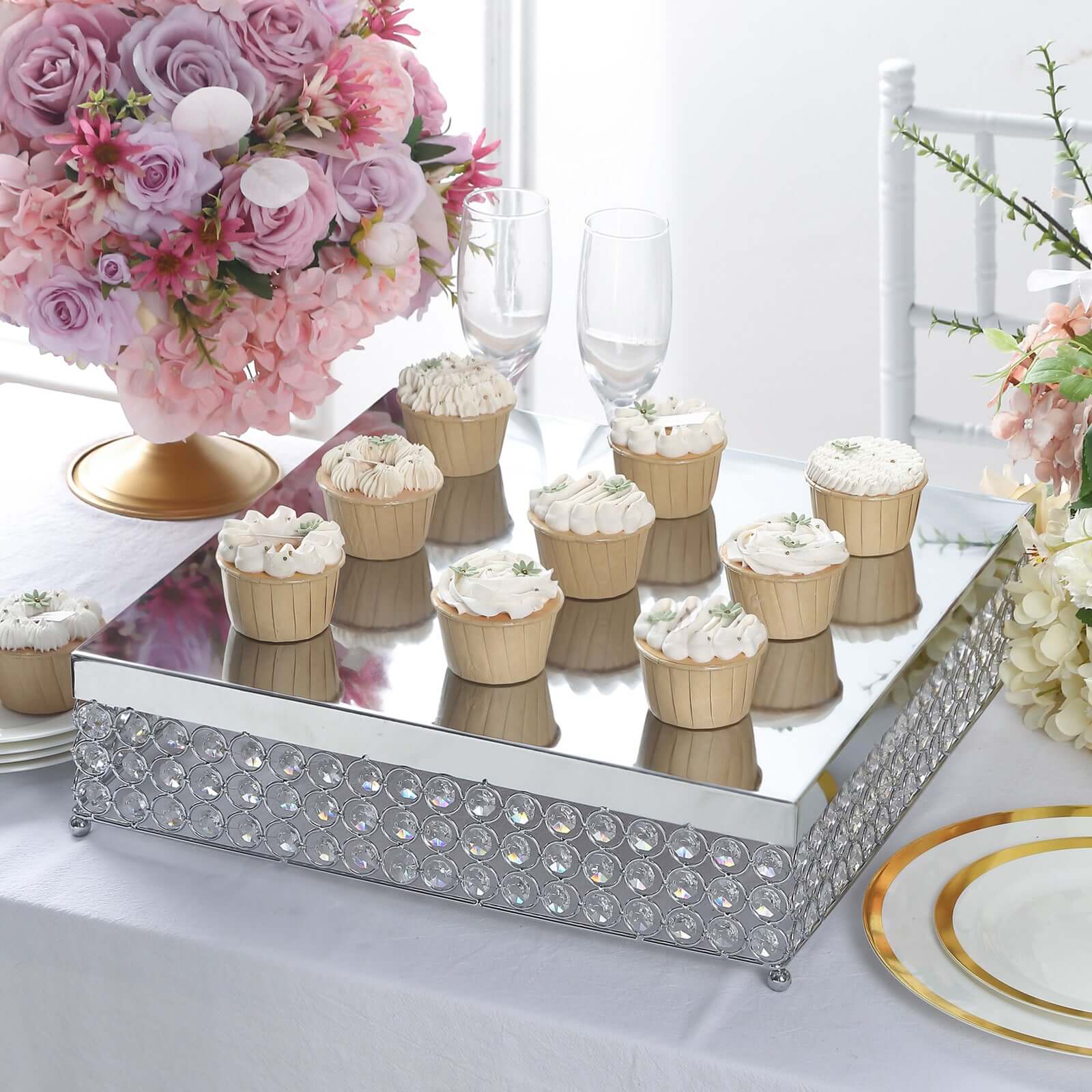 Metal Cake Stand Square Design with Crystal Beads Silver - Dessert Pedestal for Events 16"