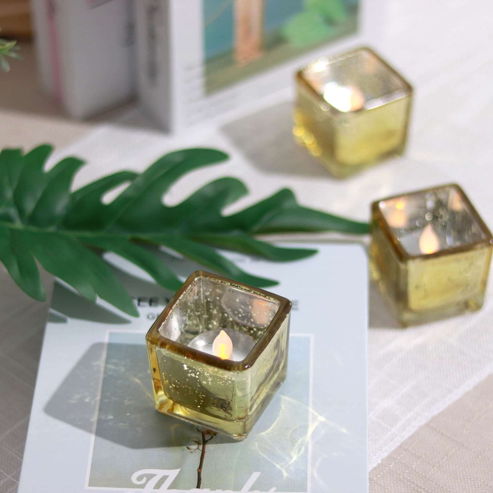 12-Pack Mercury Glass Candle Holders Gold with Speckled Design - Square Votive Tealight Holders 2"