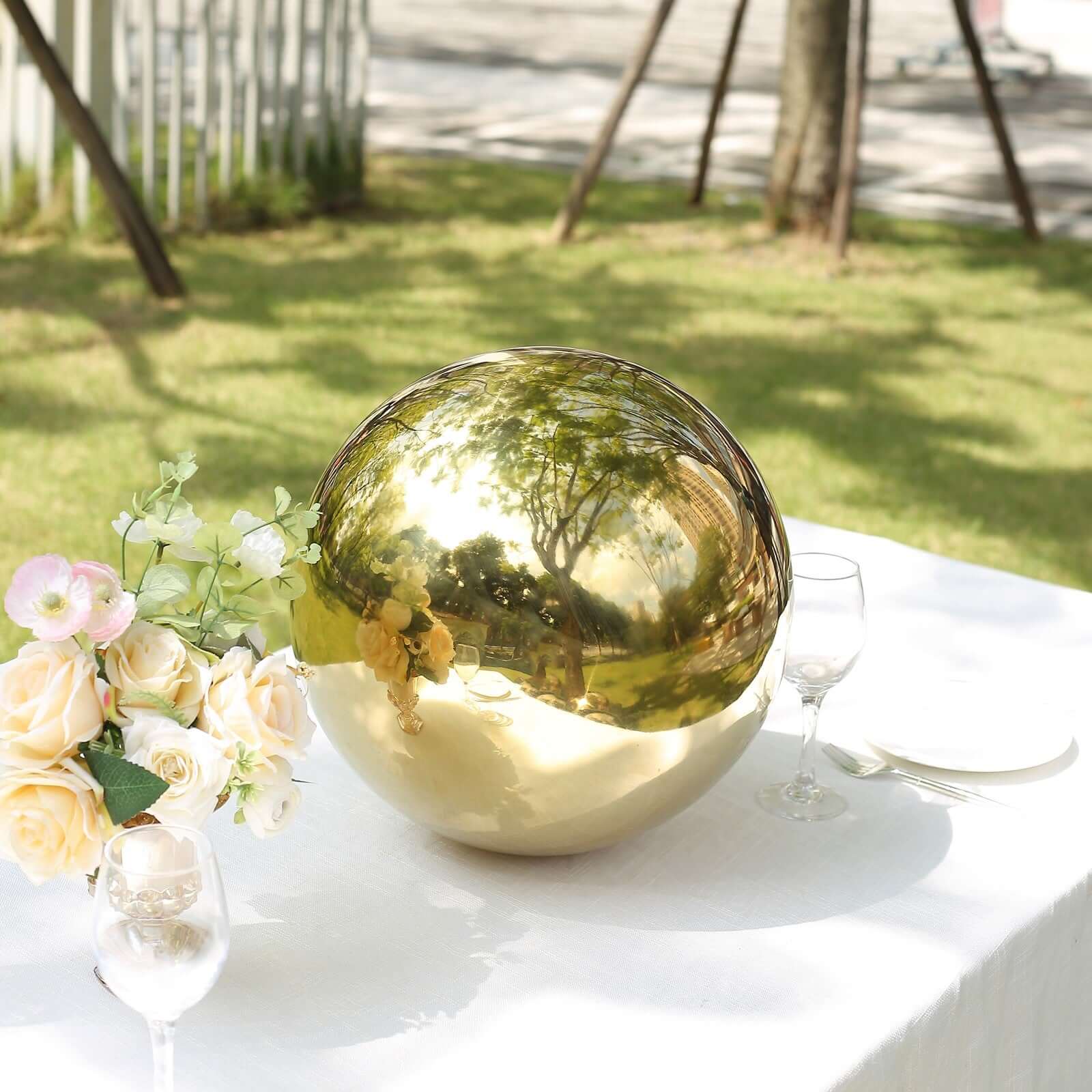 Gazing Globe Mirror Ball Reflective Hollow Stainless Steel Gold Sphere - Decorative Garden Display Piece 16"
