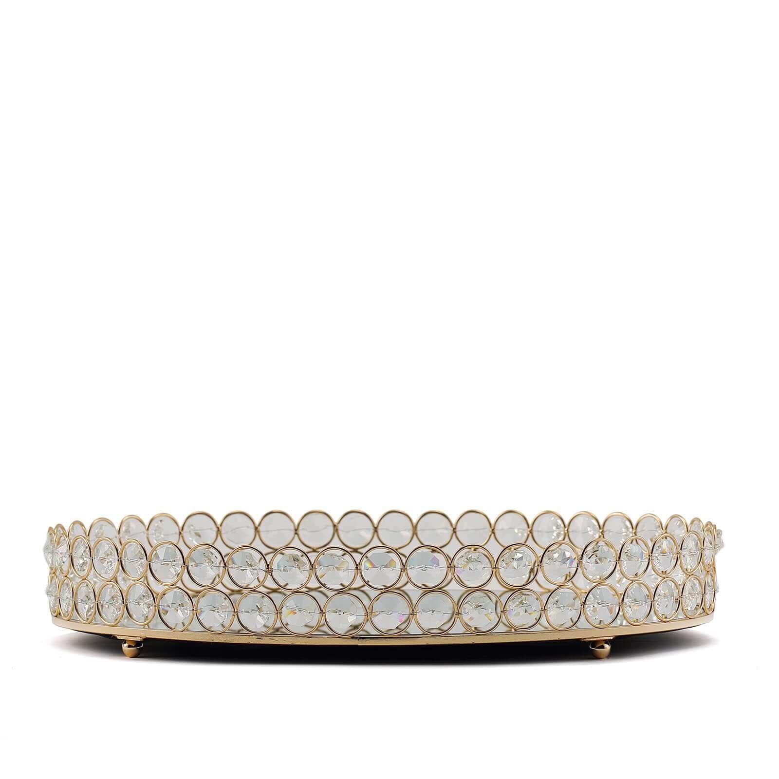 Gold Metal Crystal Beaded Mirror Oval Vanity Serving Tray, Decorative Tray - Medium 14"x10"