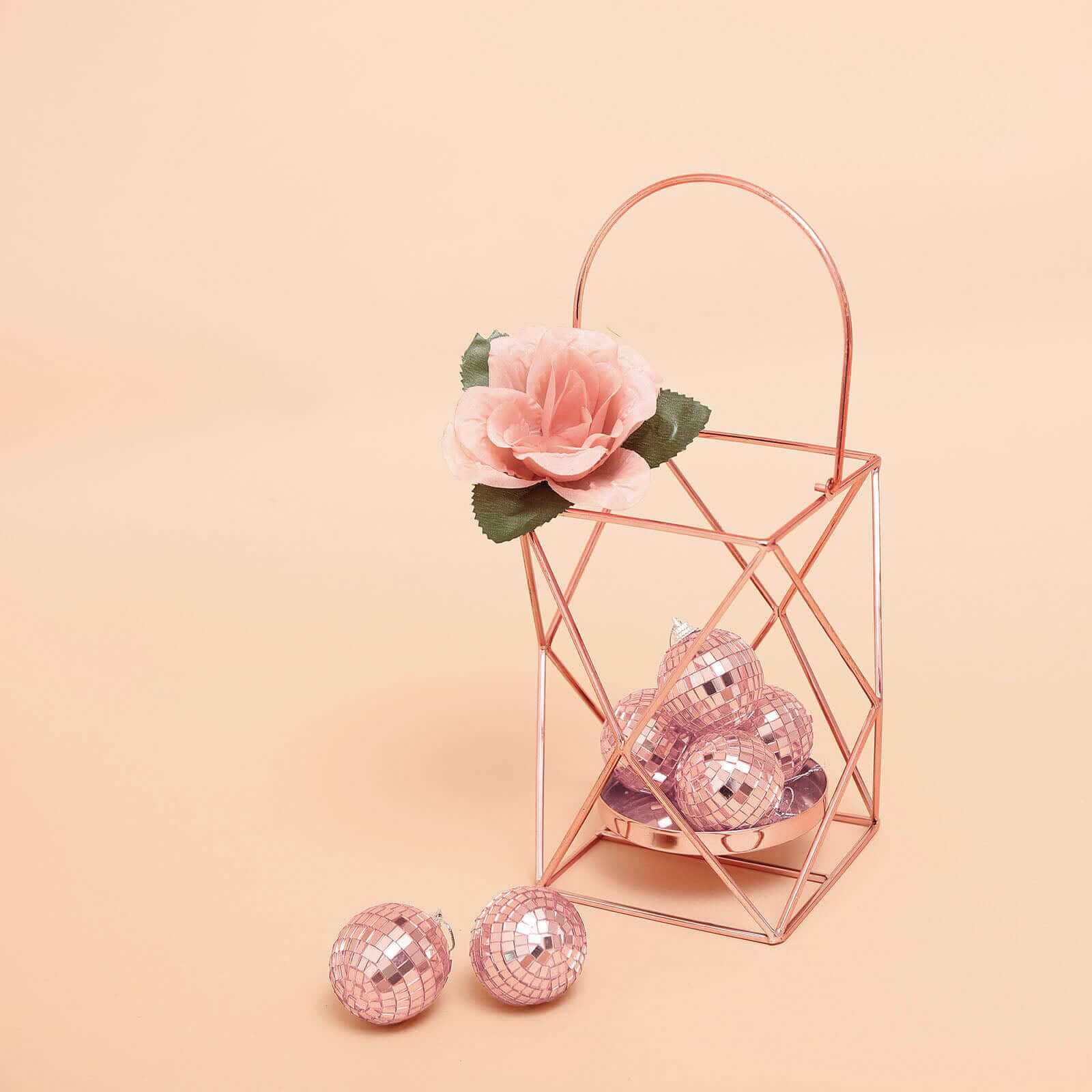 6 Pack 2" Rose Gold Foam Disco Mirror Ball With Hanging Strings, Holiday Christmas Ornaments