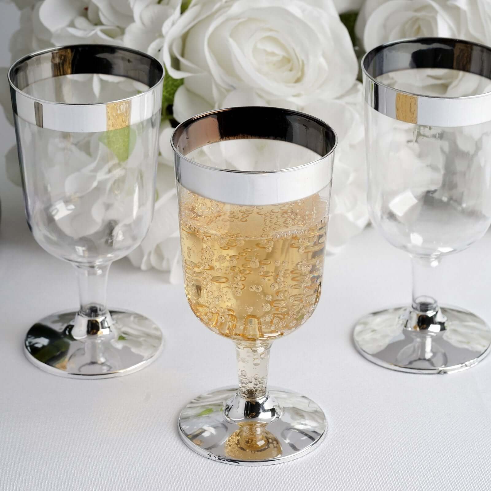 12-Pack Plastic Wine Glasses Clear with Chrome Silver Rim - Stylish Short Stem Disposable Cups for Parties 6oz