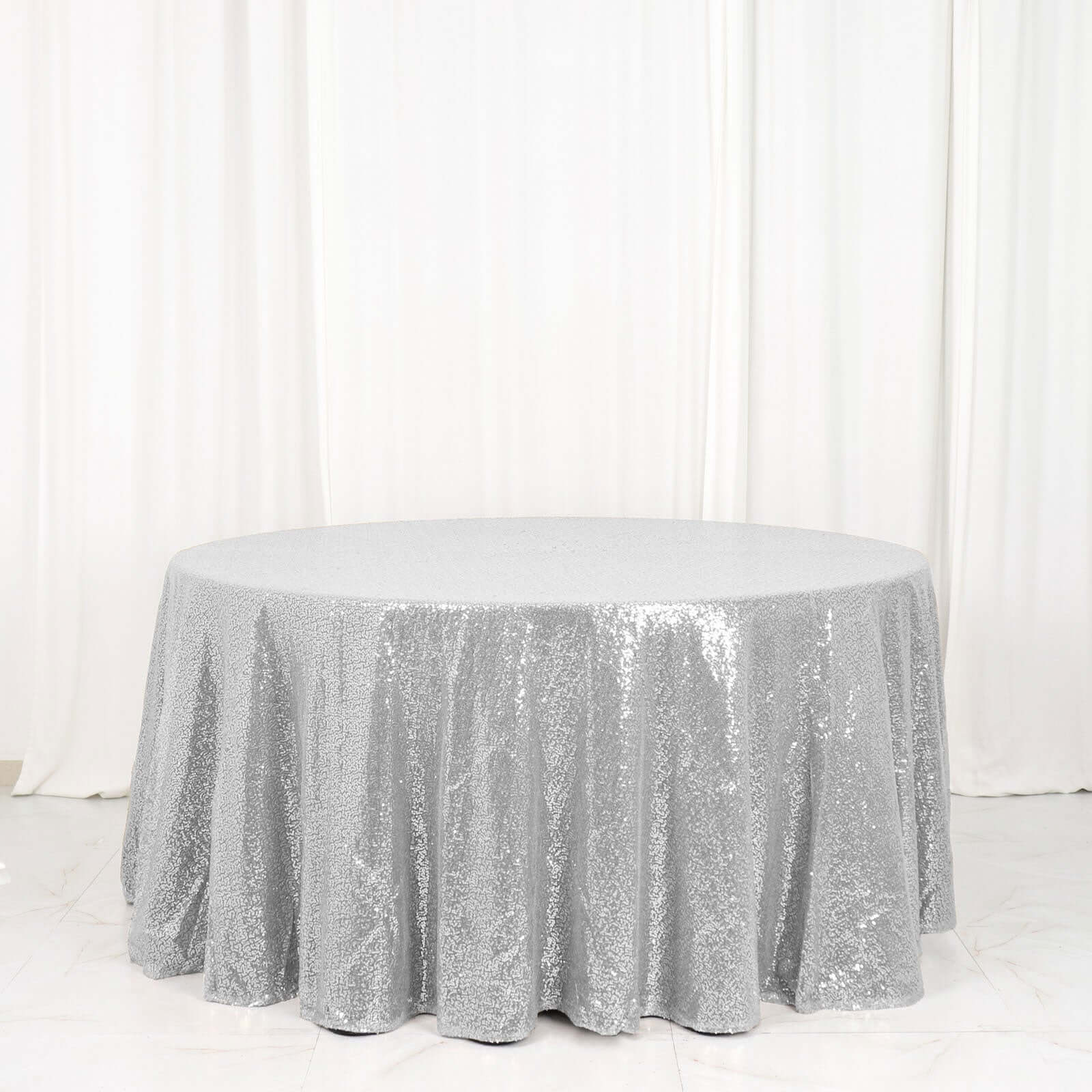 Sequin 120" Round Tablecloth Silver - Seamless Glittering Table Cover