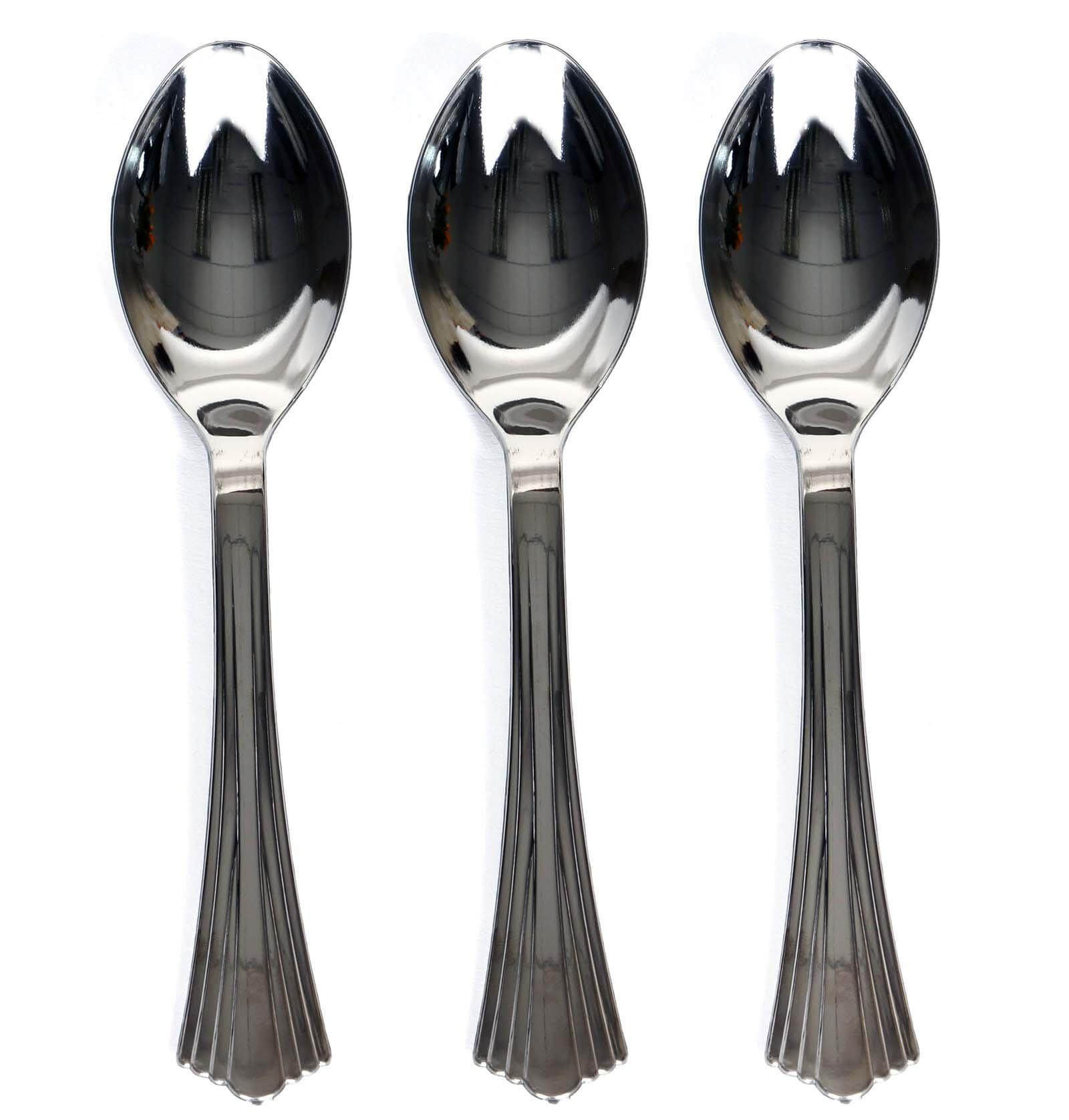 25-Pack Plastic Spoons Heavy Duty Titanium Silver Design - Durable Disposable Utensils for Parties 7"