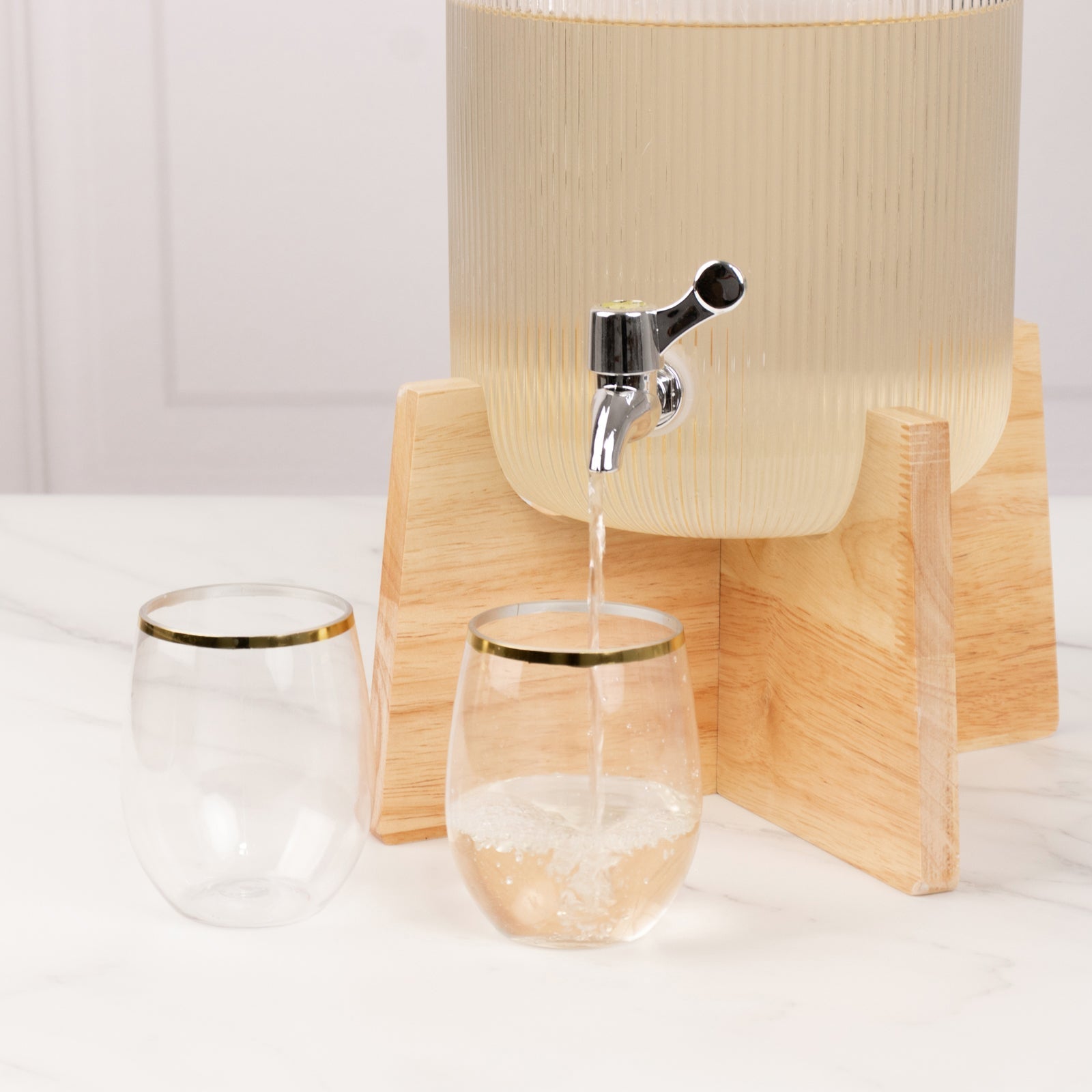 1 Gallon Clear Ribbed Glass Beverage Dispenser, Round Juice Jar with Wooden Stand and Lid - Lead-Free Countertop Feature 14"