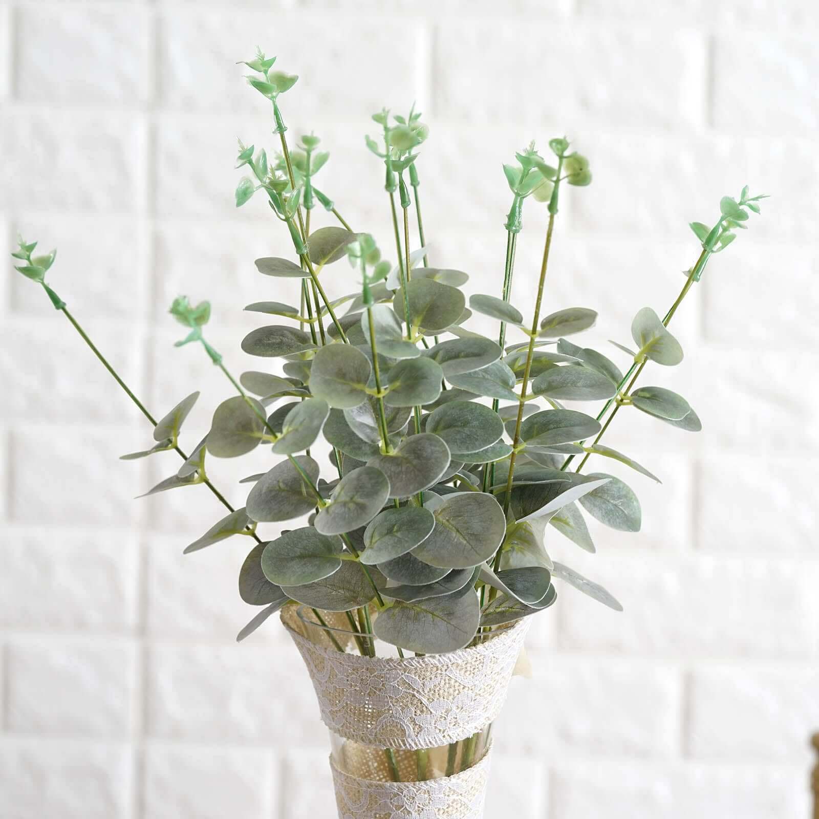 2 Bushes 19" Frosted Green Artificial Eucalyptus Branch Bouquet Plants