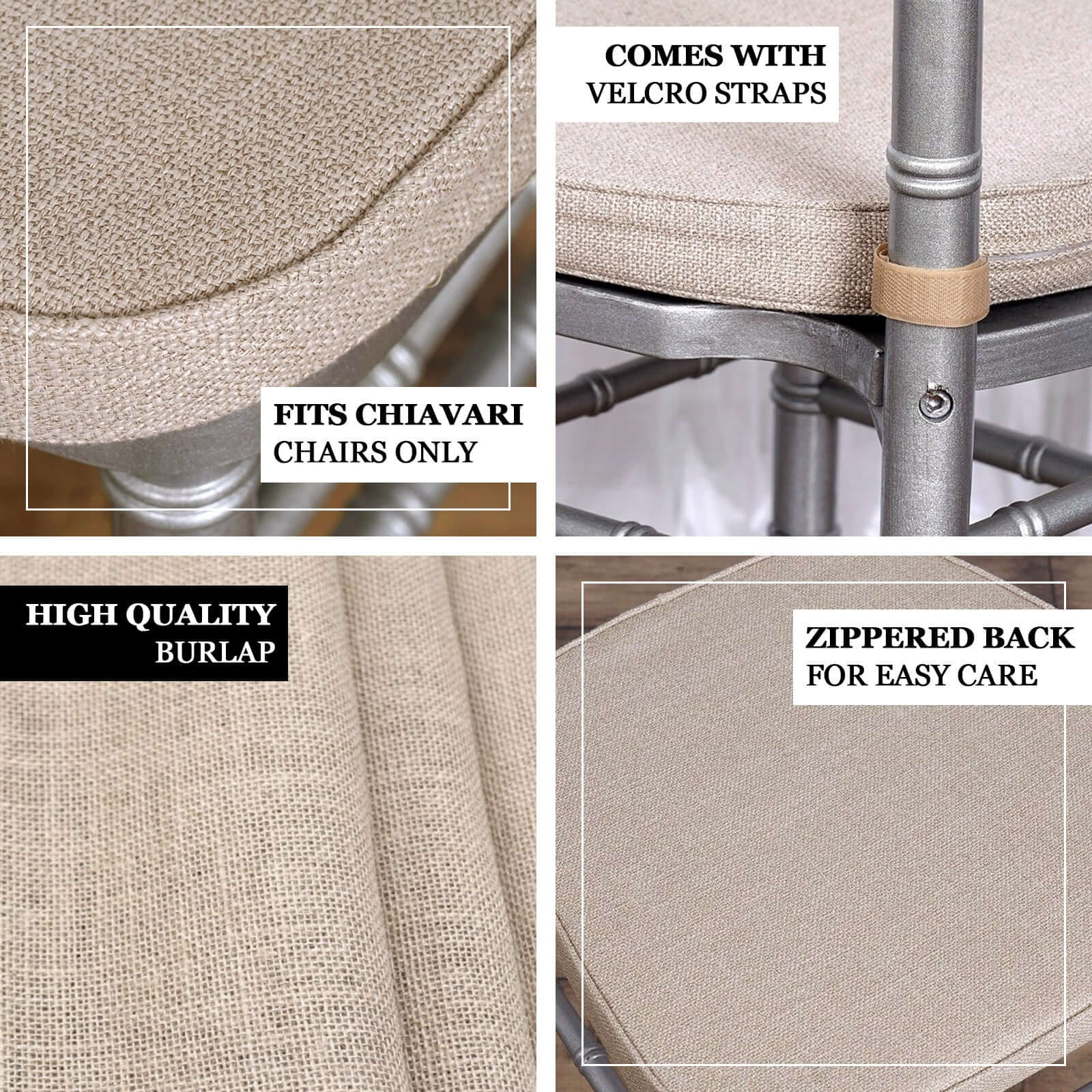 Natural Burlap Chair Cushion with Soft 2" Thick Pad and Ties - Rustic Removable Cover for Chiavari Chairs