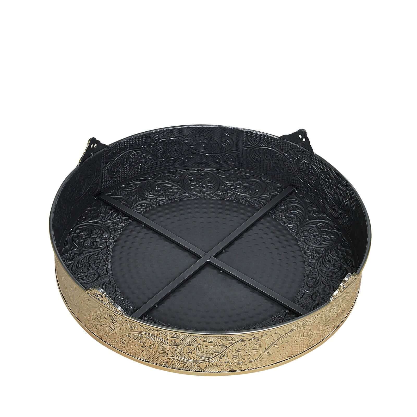 Metal 22" Round Cake Pedestal Stand Matte Gold - Cupcake Dessert Display Riser with Intricate Embossed Design for Upscale Events & Gatherings