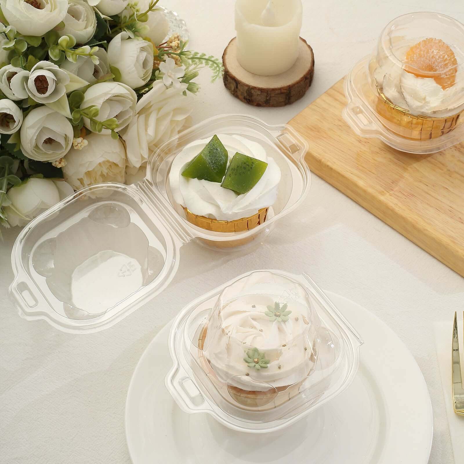 25-Pack Plastic Cupcake Container Boxes Clear - Single Clamshell-Packaging with Stackable Dome Lid for Events & Bakeries 4"