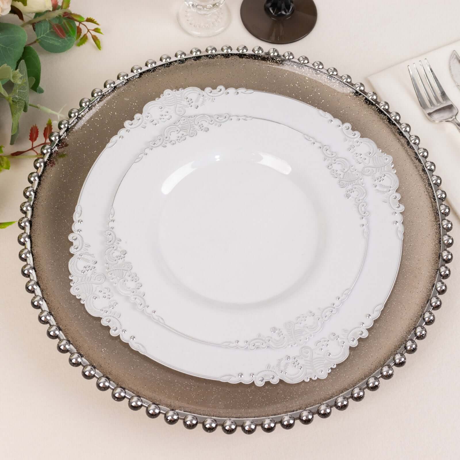 6-Pack Acrylic Round Charger Plates 13" in Transparent Black Silver Glittered with Beaded Rim, Decorative Dinner Party Charger Tableware