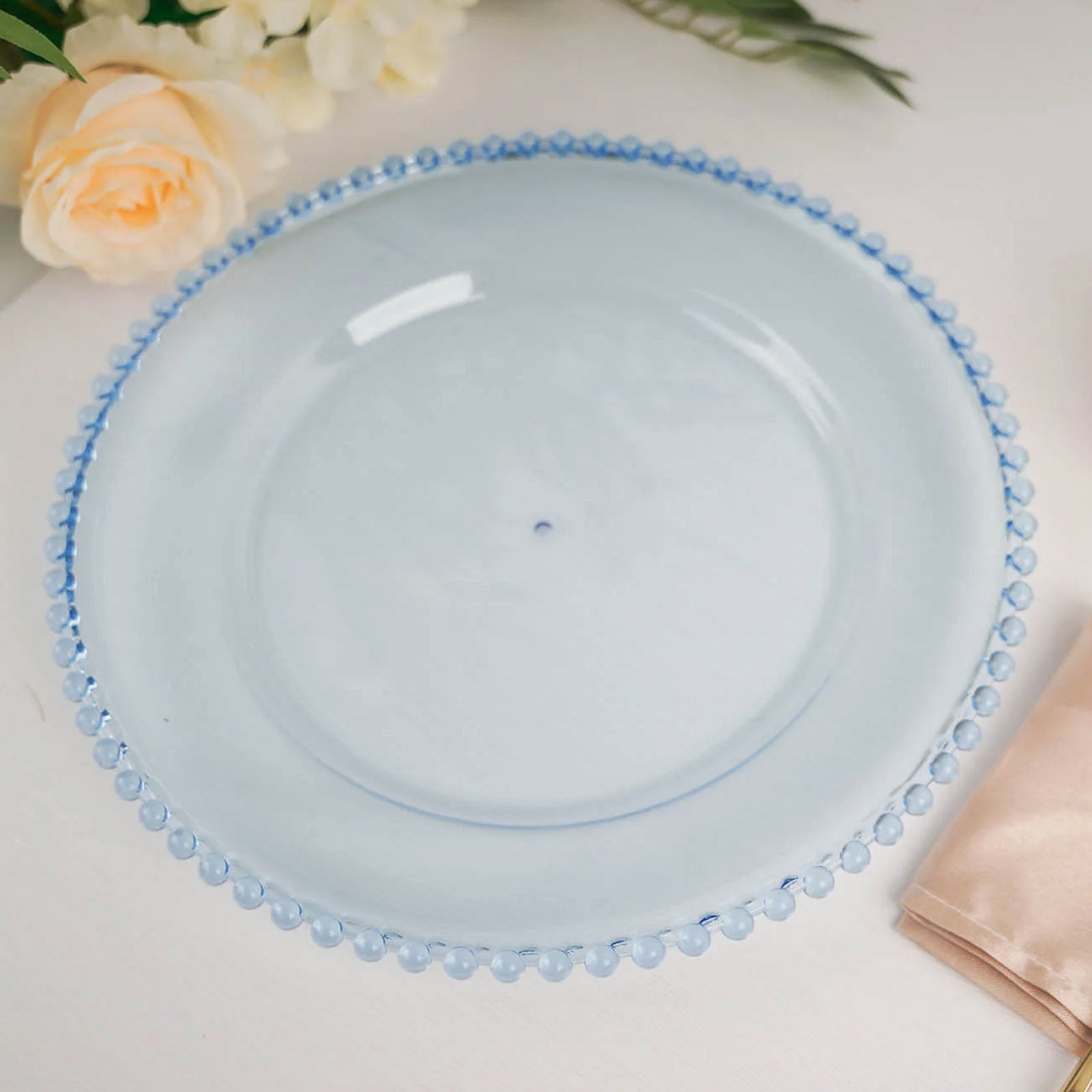 6-Pack Acrylic Round Charger Plates 13" in Transparent Dusty Blue with Beaded Rim, Decorative Dinner Party Serving Plates