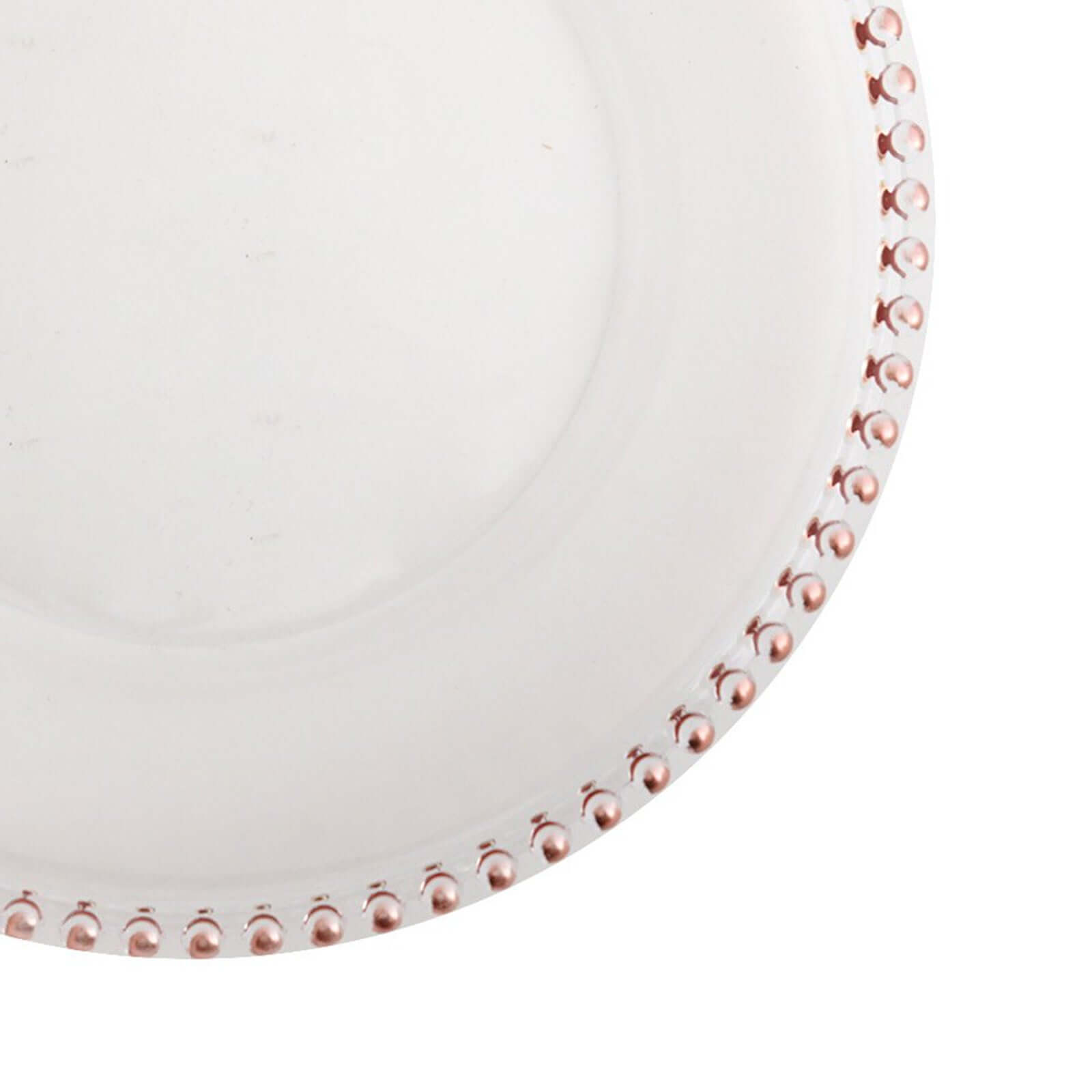 6-Pack Acrylic Round Charger Plates 13" in Clear with Rose Gold Beaded Rim, Decorative Dinner Party Serving Plates