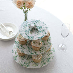 3-Tier Cardboard Cupcake Stand White with Green Eucalyptus Leaves Pattern - Reusable Dessert Display Stand Round Serving Platter for High-Tea Gatherings Weddings & Spring Celebrations 11"