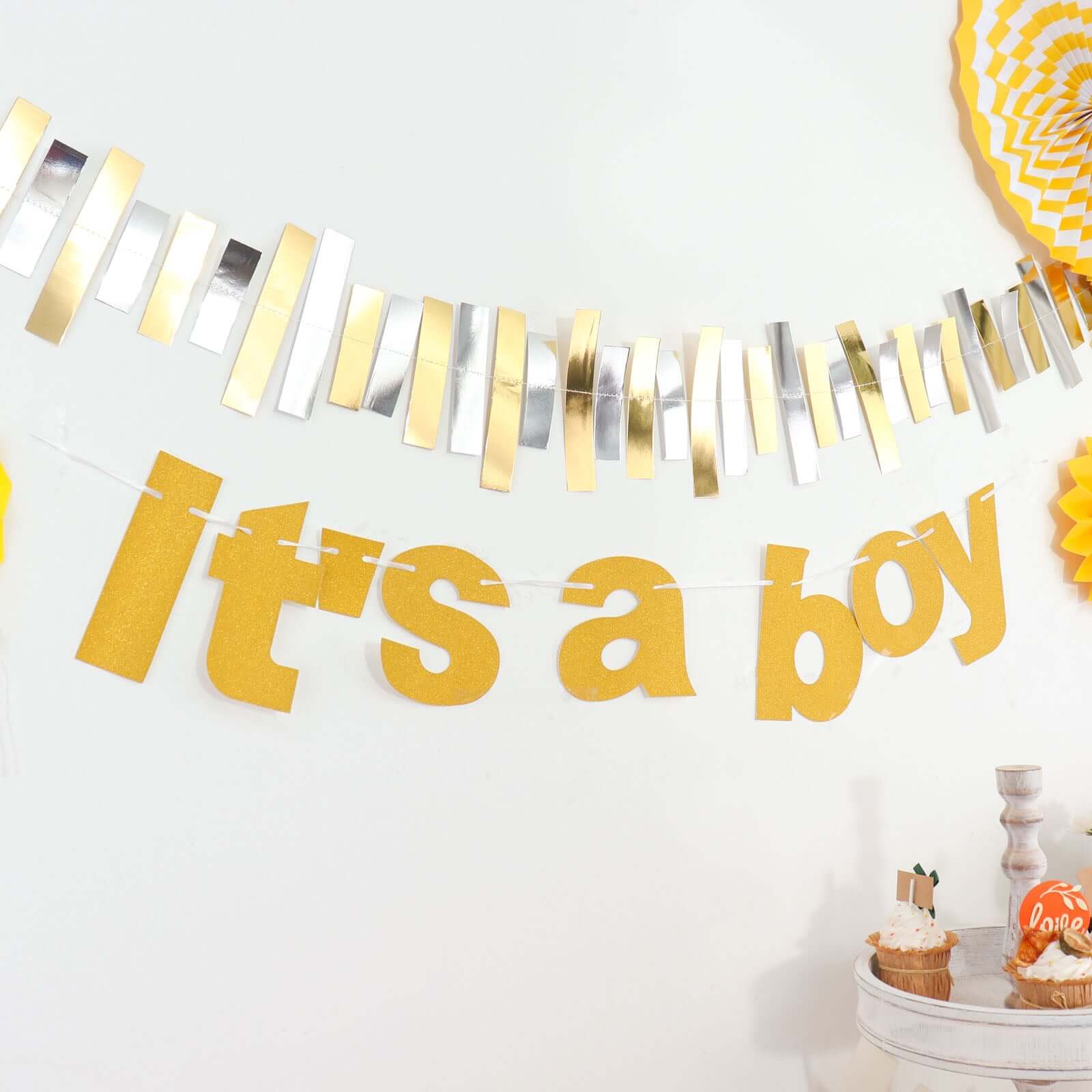 3ft Gold Glittered It's a Boy Paper Hanging Gender Reveal Garland Banner, Baby Shower Banner